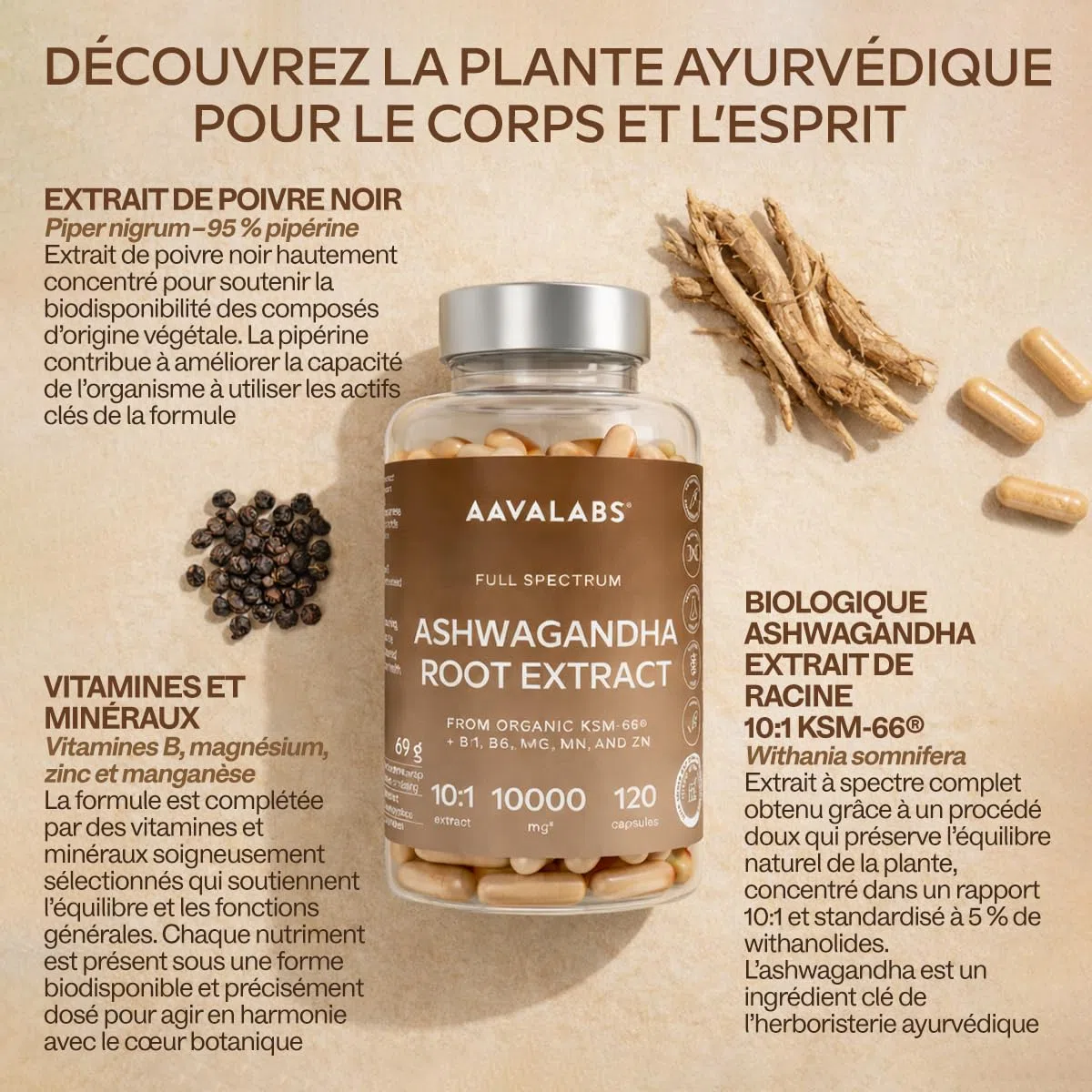 Ashwagandha KSM-66 Bio 10000mg, Vitamine B6, B1, Zinc, Magnesium, Manganese - Extrait de Racine Ashwagandha Bio 10:1, Poivre Noir - Ashwaganda (Ginseng indien) Extra Fort 5% Withanolides - 120 Gélules