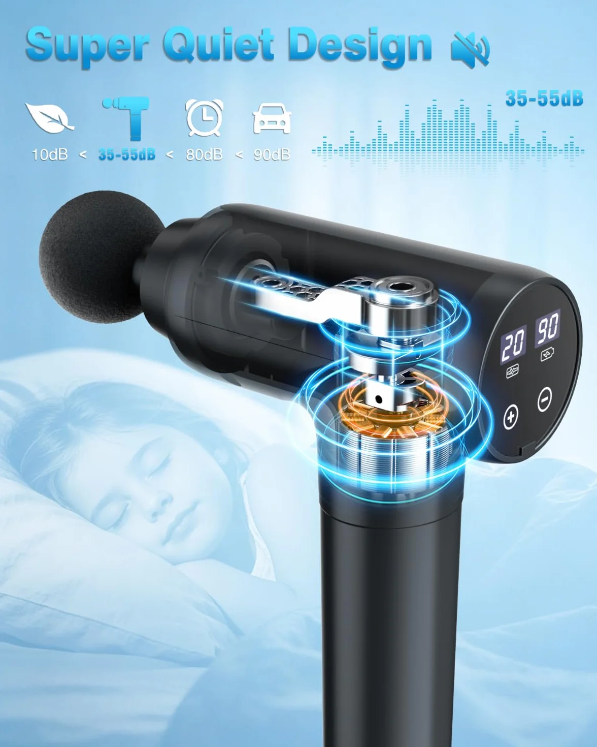 cotsoco Pistolet de Massage Musculaire Silencieux, 9 Têtes, 20 Vitesses, Massage Gun pour Récupération Musculaire, Détente, Cadeau Anniversaire Femme et Homme