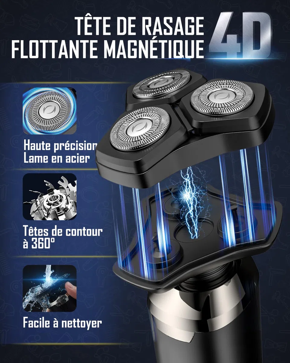 Rasoir Électrique Homme 4D Magnétique à 3 Têtes Flottante,Tondeuse Barbe Étanche IPX6 Humide/Sec avec Écran LCD, 90 Min d'Autonomie, USB-C à Charge Rapide, Rasoir Portable pour Voyage et Maison