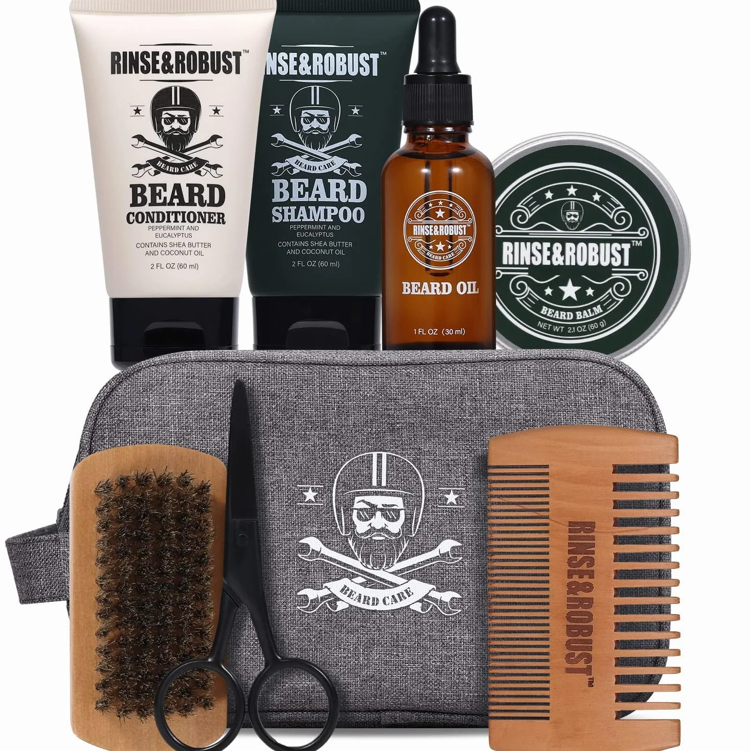 Rinse&Robust Kit de rinçage pour barbe 8 pièces avec sac de voyage, parfum eucalyptus, brosse à barbe, peigne à barbe, ciseaux à barbe, shampoing à barbe