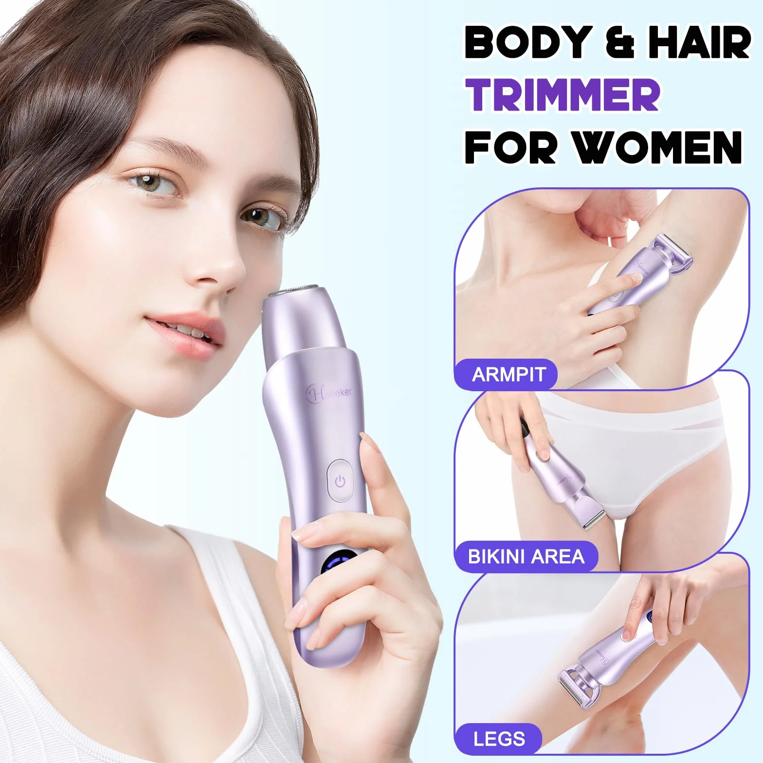 Hatteker Rasoir Electrique Femme Tondeuse Femme Intime Bikini Affichage LED étanche IPX7 3 en 1（violet）