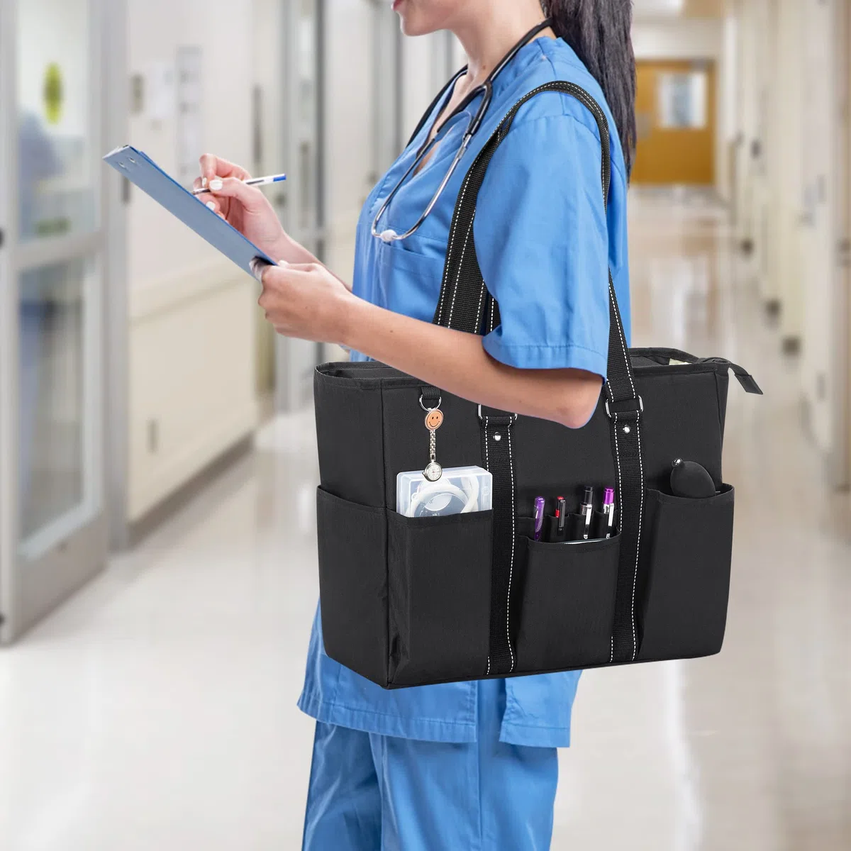 Damero Sac de Travail pour Infirmier(ère) avec Multiples Poches, Noir | Sac Fourre-tout avec Compartiment Rembourré pour Ordinateur Portable, Sac de Rangement Grande Capacité
