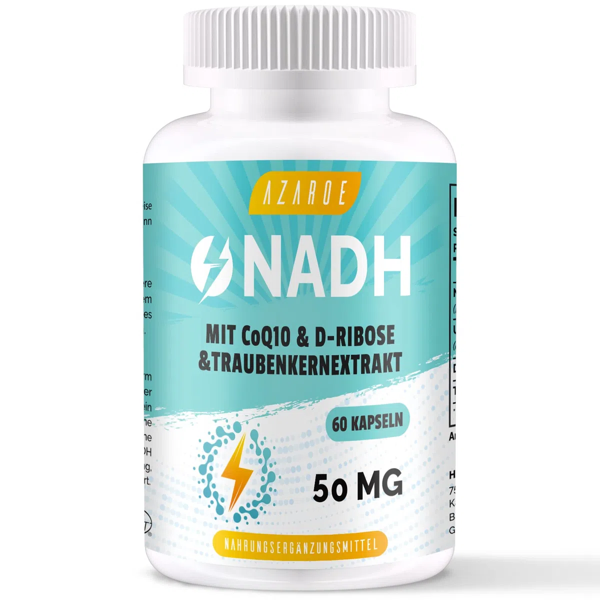 NADH 50 mg, Formule Avancée avec CoQ10, Végétalien, Haute Résistance, Améliore l'énergie Cellulaire, Production d'ATP, 60 Capsules (1 unité)