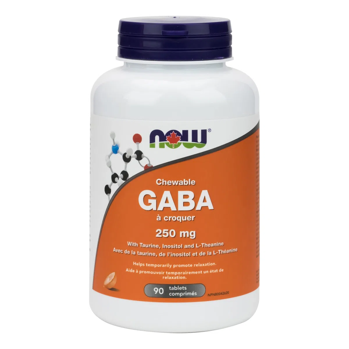 NOW GABA - Acide Gamma-Aminobutyrique, avec Taurine, 250mg, 90 Comprimés à Croquer, Saveur Orange