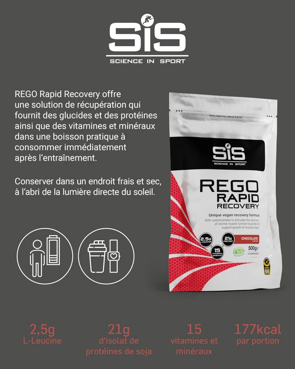 Science in Sport Rego Rapid Recovery Poudre 500g Chocolat Vegan - Poudre récupération avec glucides, protéines, électrolytes, vitamines et minéraux, soutient un entraînement efficace