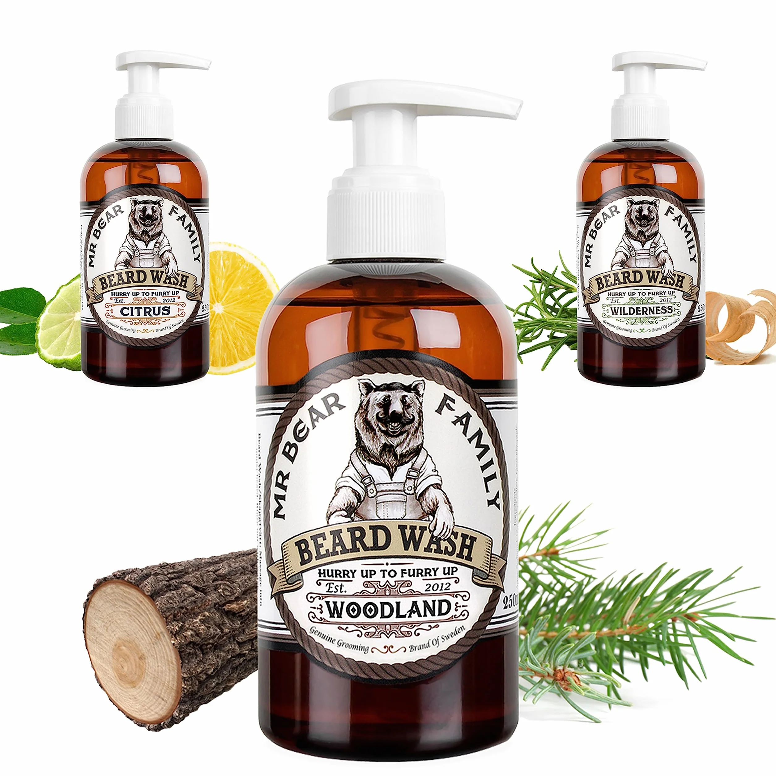 Mr Bear Family Shampoing barbe homme naturel 250ml - Boisé - plus d'hydratation pour une barbe plus fournie et plus saine - 2-en-1 savon à barbe et revitalisant pour barbe - Produit barbe hommes