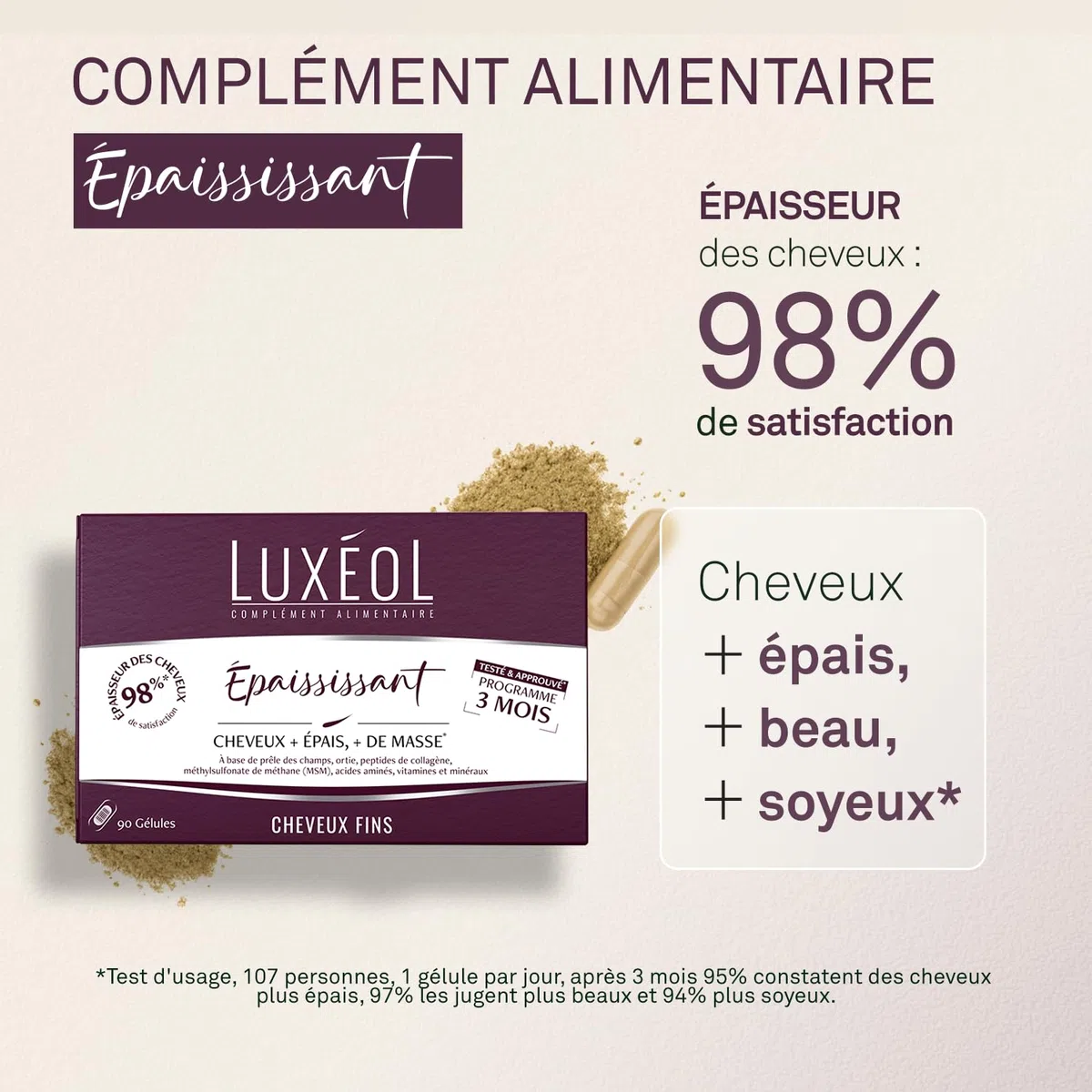 LUXEOL - Complément Alimentaire Epaississant - Cheveux + Epais* - À Base de plantes, peptides de collagène, MSM, acides aminés, Vitamines & Minéraux - Fabriqué en France - 90 gélules (= 90 jours)