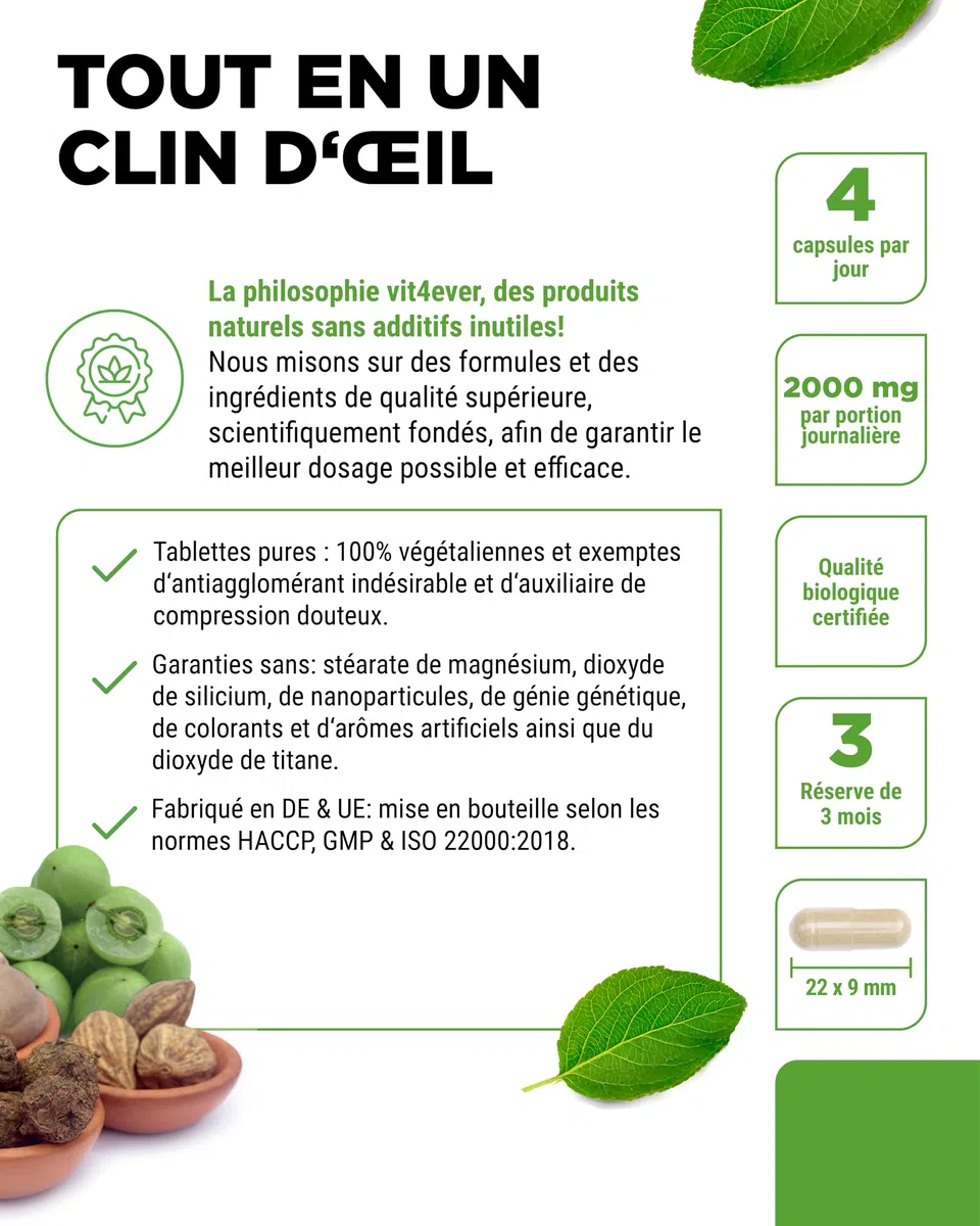 Triphala Bio - Haute Dose de 2000 mg (500 mg par capsule) - 365 capsules - Poudre de Triphala de l'Inde : Haritaki, Amalaki, Bibhitaki - Sans Additifs - Vegan