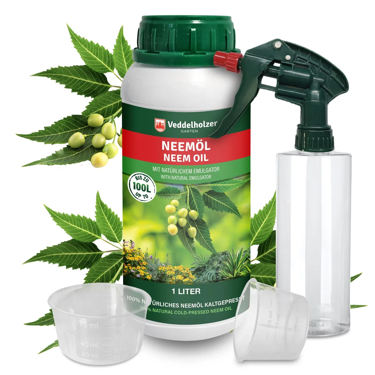 Veddelholzer 1000 ml d'huile de neem de qualité supérieure pressée à froid 100% naturelle, kit complet avec émulsifiant naturel + flacon pulvérisateur de 500 ml et 2 verres doseurs pour l'entretien