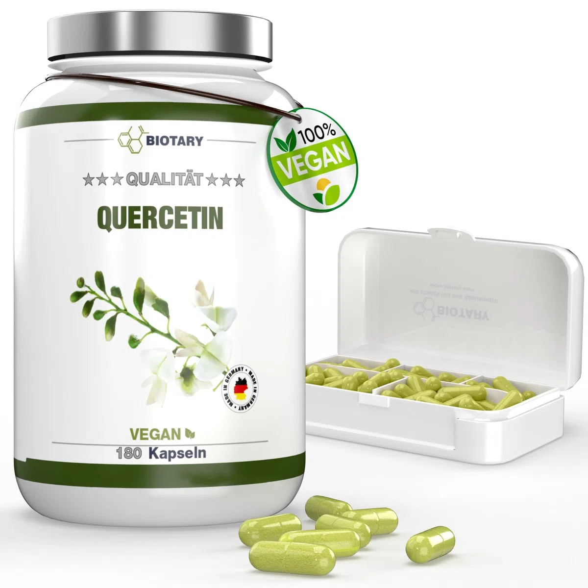 Quercétine – 500 mg – 180 gélules – 6 mois – Avec boîte à pilules – Vegan – Extrait de fleur de Sophora du Japon 95% - Sans additifs