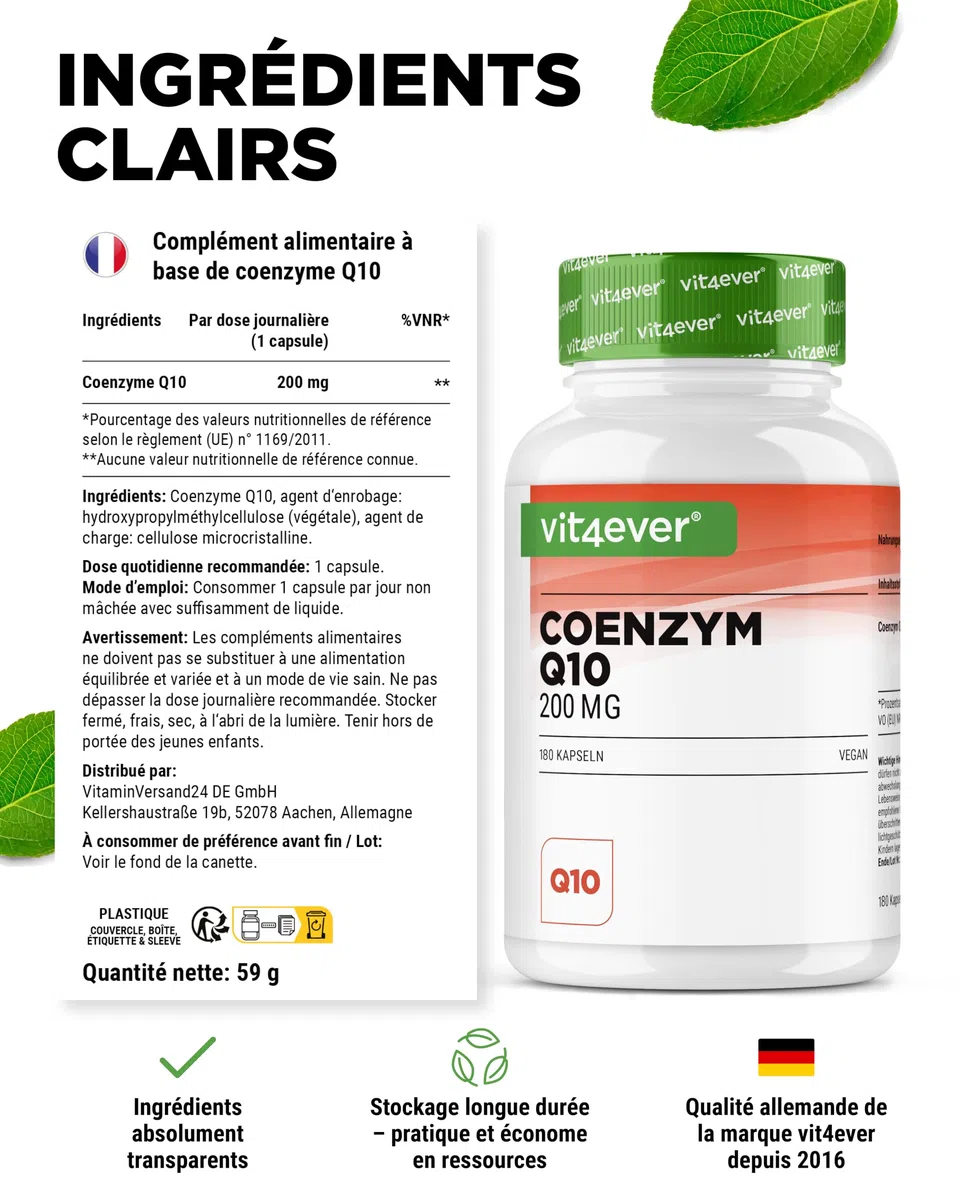 Coenzyme Q10 avec 200 mg par Gélule - 180 Gélules Vegan - 6 Mois de Réserve - Q10 de Haute Qualité - Hautement Dosé, sans Additifs Inutiles