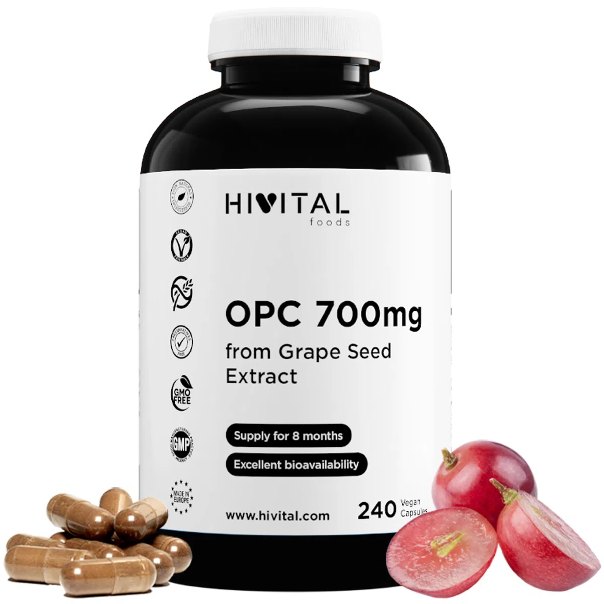 OPC Extrait de Pépins de RAISIN 700 mg. 240 gélules vegan pour 8 mois de traitement. 99% Extrait de Pépins de Raisin en OPC. Fabriqué en Europe par HIVITAL