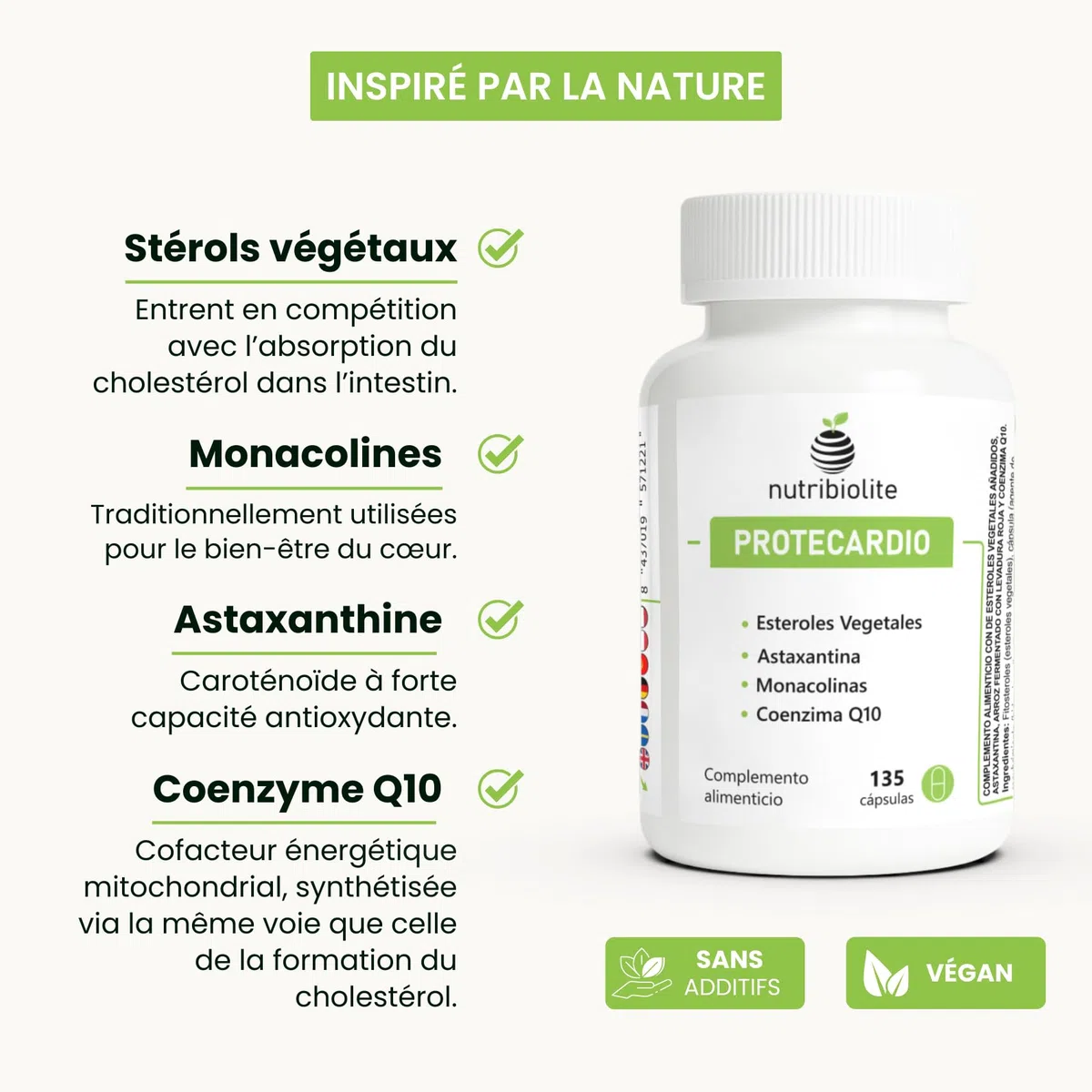 Stérols Végétaux (Phytostérols), Levure de Riz Rouge (Monacolines), Astaxanthine et Coenzyme Q10 – Cholestérol et Triglycérides – 135 gélules – Végan – Sans additifs | Protecardio Nutribiolite