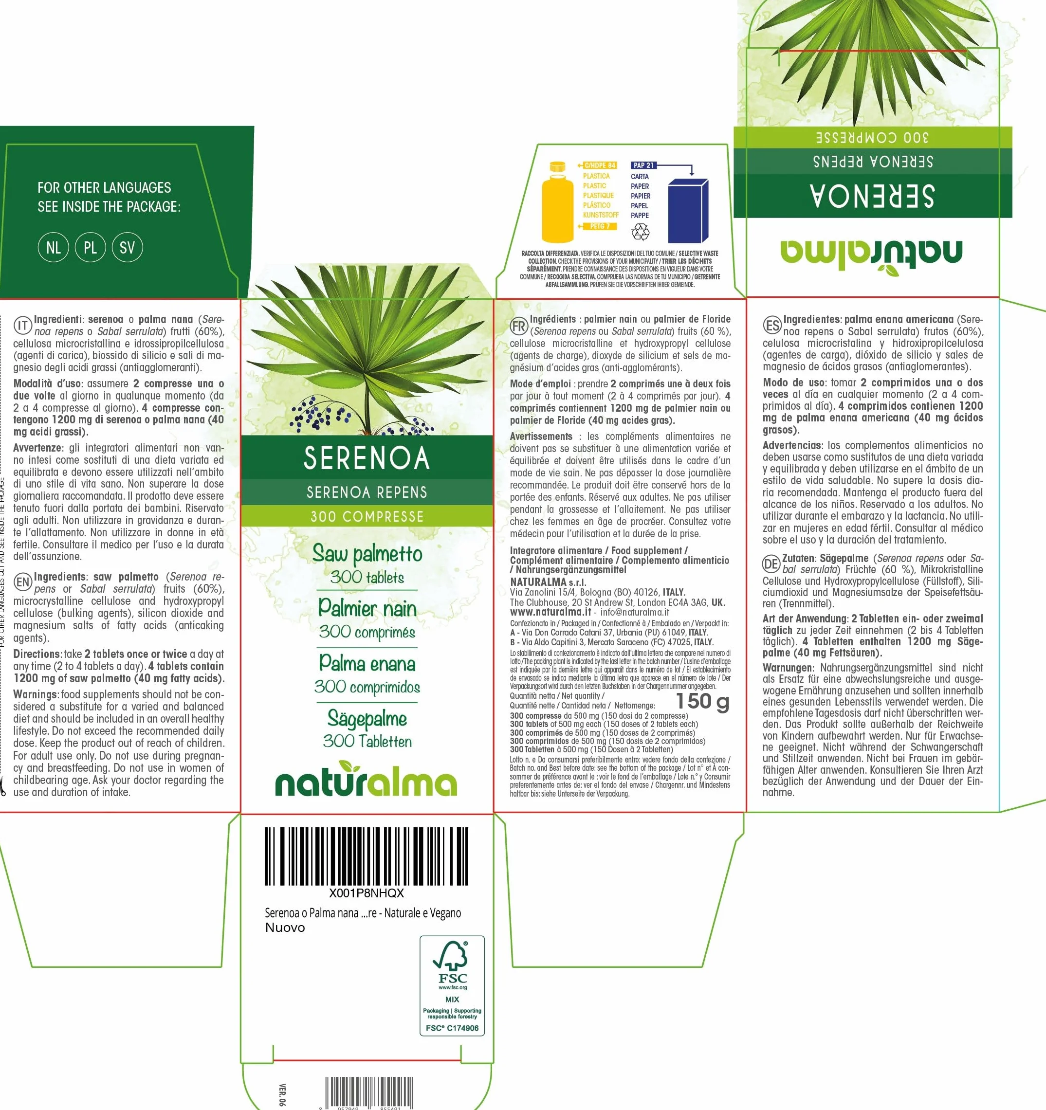 Palmier nain ou Palmier de Floride (Serenoa repens ou Sabal serrulata) fruits Naturalma - 150 g - 300 comprimés - Complément alimentaire - Naturel et Végétalien