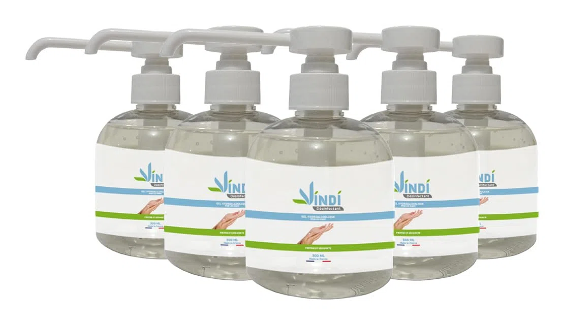 Vindi Désinfectant gel hydroalcoolique - Lot de 5 flacons pompe de 300ml - Fabrication Française - 76% d'alcool - Désinfection des mains - Virucide