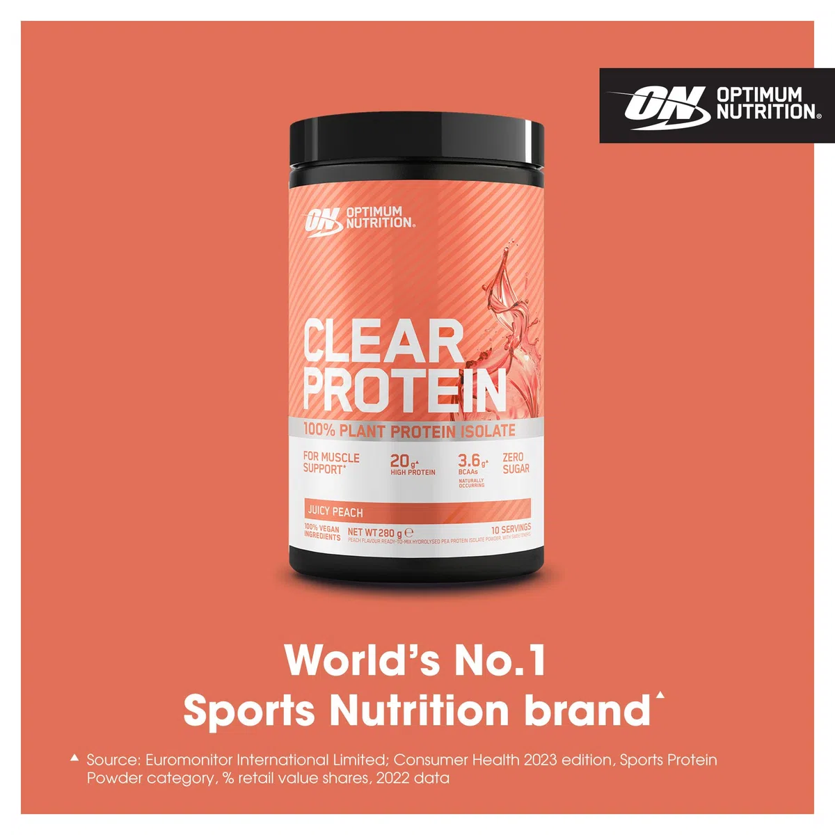 Optimum Nutrition Clear Protein 100% Isolat de Protéine Végétale, Goût Pêche Juteuse, 280g, 10 Doses