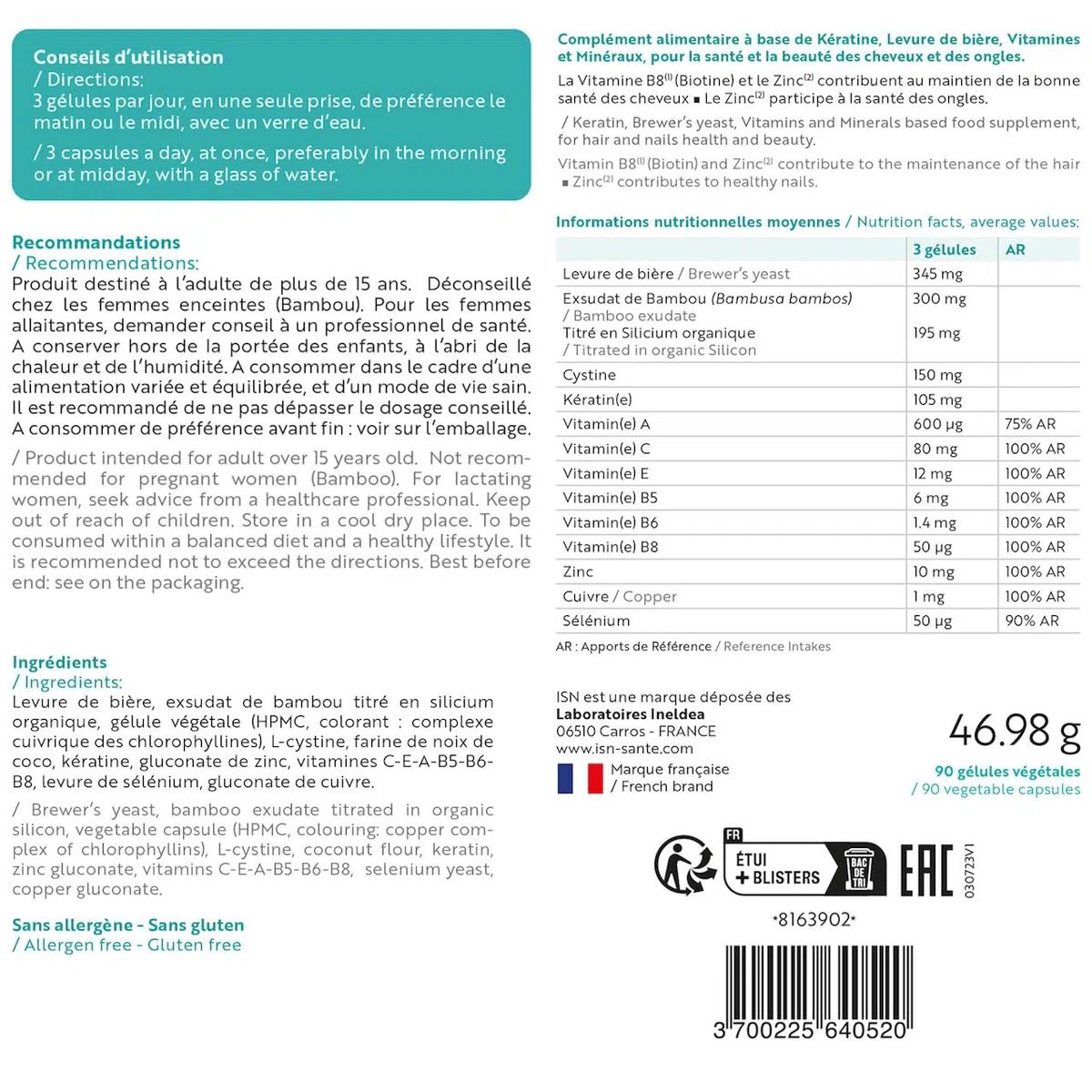 Ineldea Santé Naturelle - Keraforce - Nourrit les cheveux et les ongles - Améliore la résistance et la beauté - Kératine + Levure de Bière + Vitamines - Cure 30j
