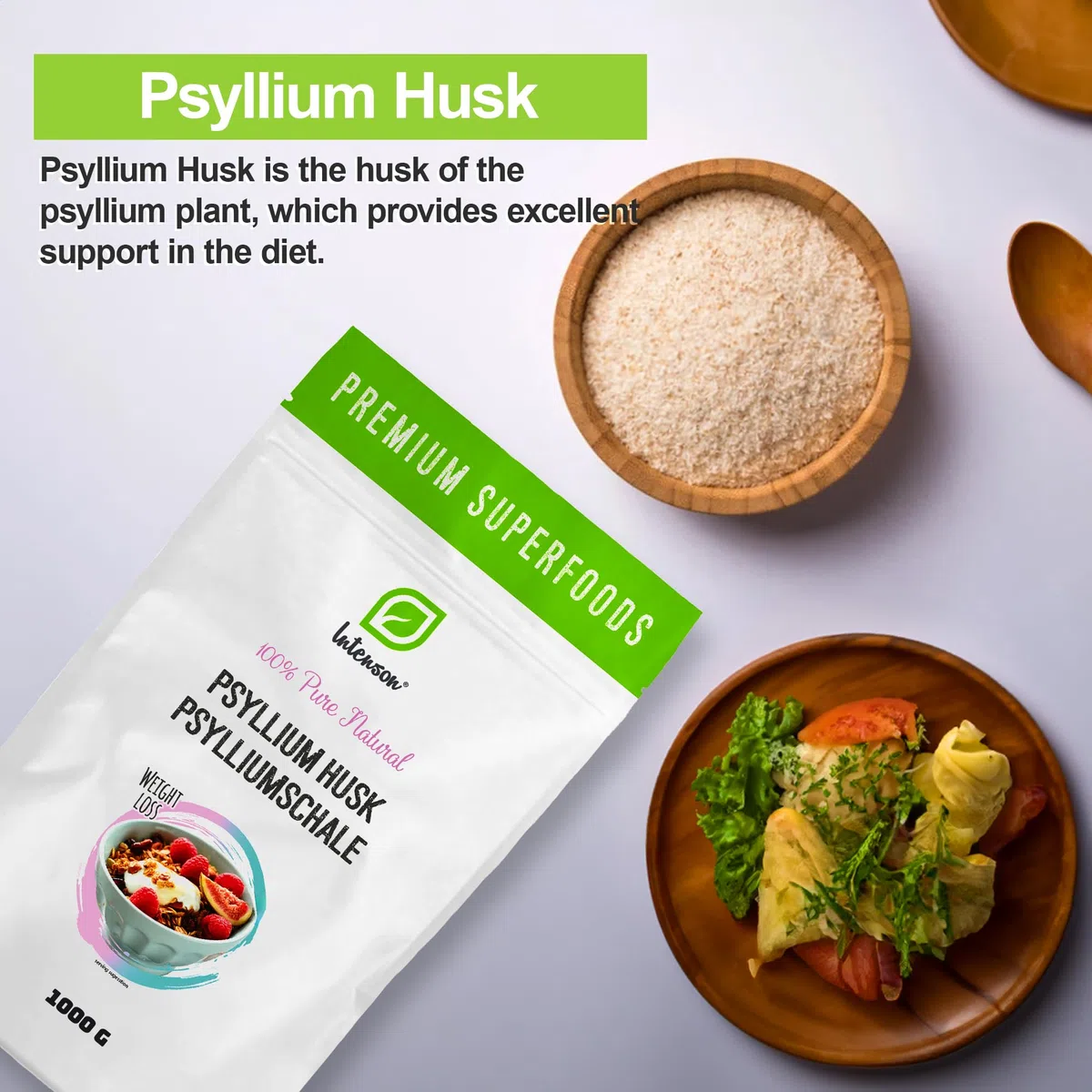 INTENSON Psyllium Husk 1 kg, Pure &Natural Psyllium Seeds Husks, High in Fibre, to be mixed with Water, Beverages, & Juices, Vegetarian & Vegan