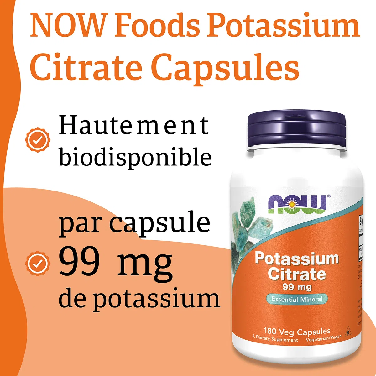 Now Foods, Potassium Citrate (Citrate de Potassium), 99 mg, 180 Gélules végétaliennes, Testé en Laboratoire, Potassium, Minéraux, Sans Gluten, Sans Soja, Végétarien