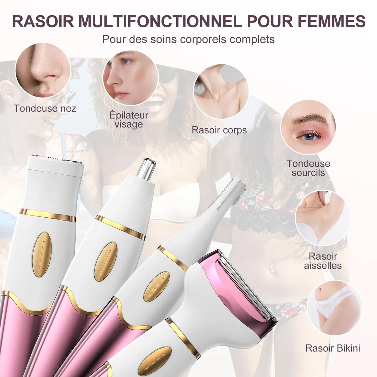 Rasoir électrique 4 en 1 pour femme avec affichage numérique, étanche IPX7, épilateur facial pour femme, rasoir intime pour le visage, les parties intimes, les aisselles, les jambes, recharge