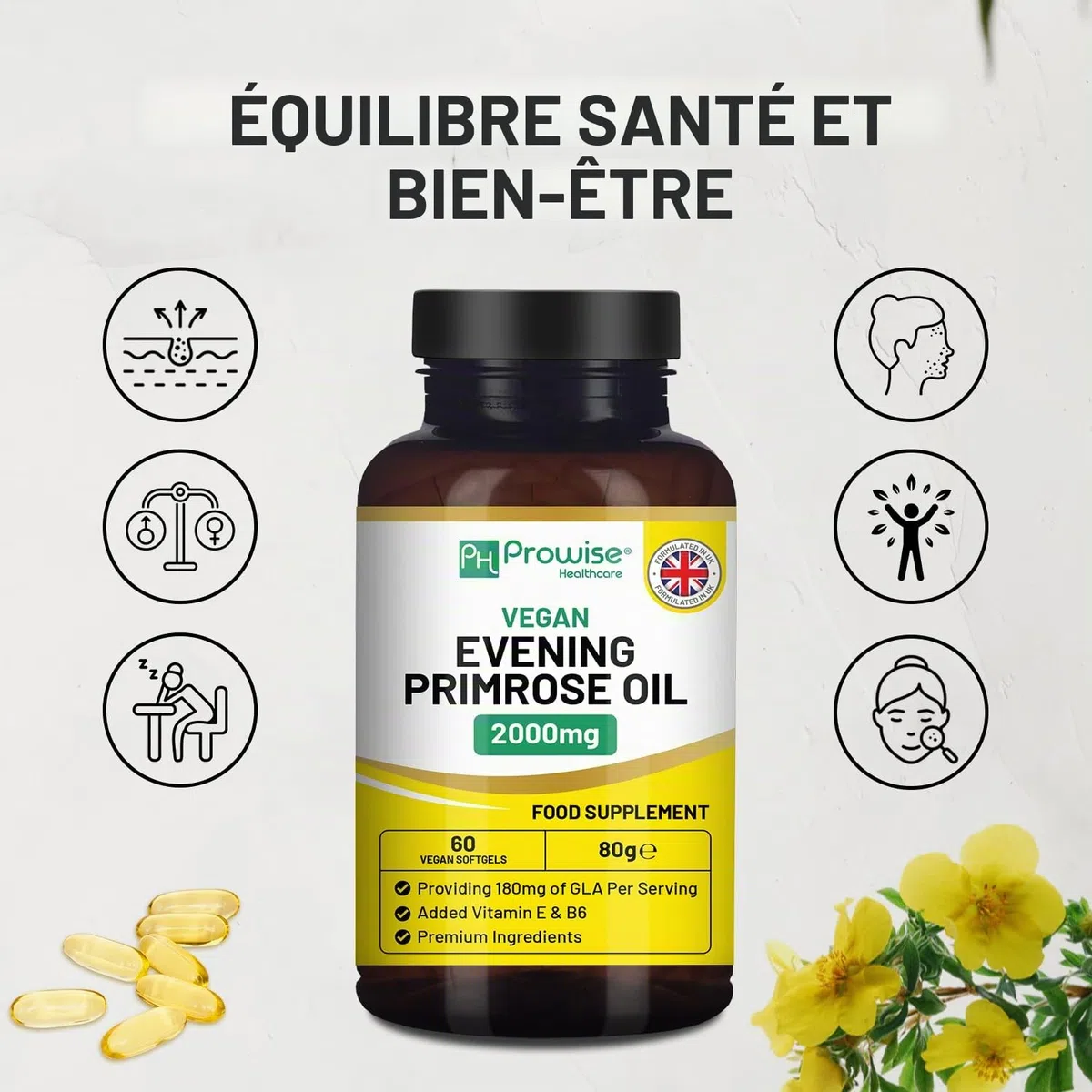 Huile d'onagre végétalienne 2000 mg avec vitamine E et B6 – 60 gélules molles végétaliennes | 180 mg de GLA par capsule I Santé des femmes I Qualité supérieure I par Prowise Healthcare