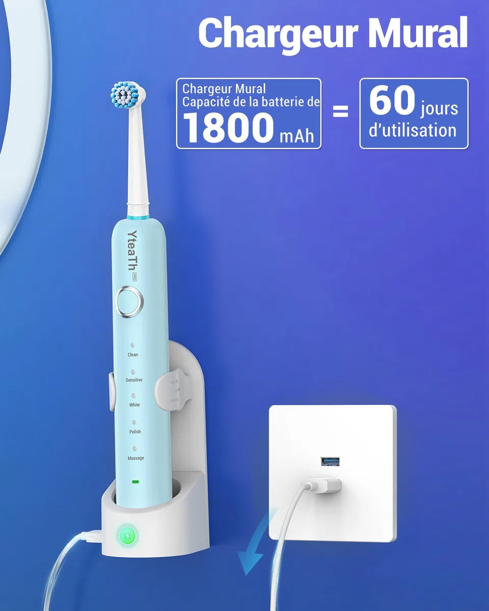 Brosse À Dent Électrique Rotatives Famille - Brosses À Dents Rotatives pour Adultes Enfant, 8 Têtes de Brosse et Étui de Voyage, 5 Modes, Étanche IPX7, Brosse A Dent Electrique de Voyage, Bleu Clair