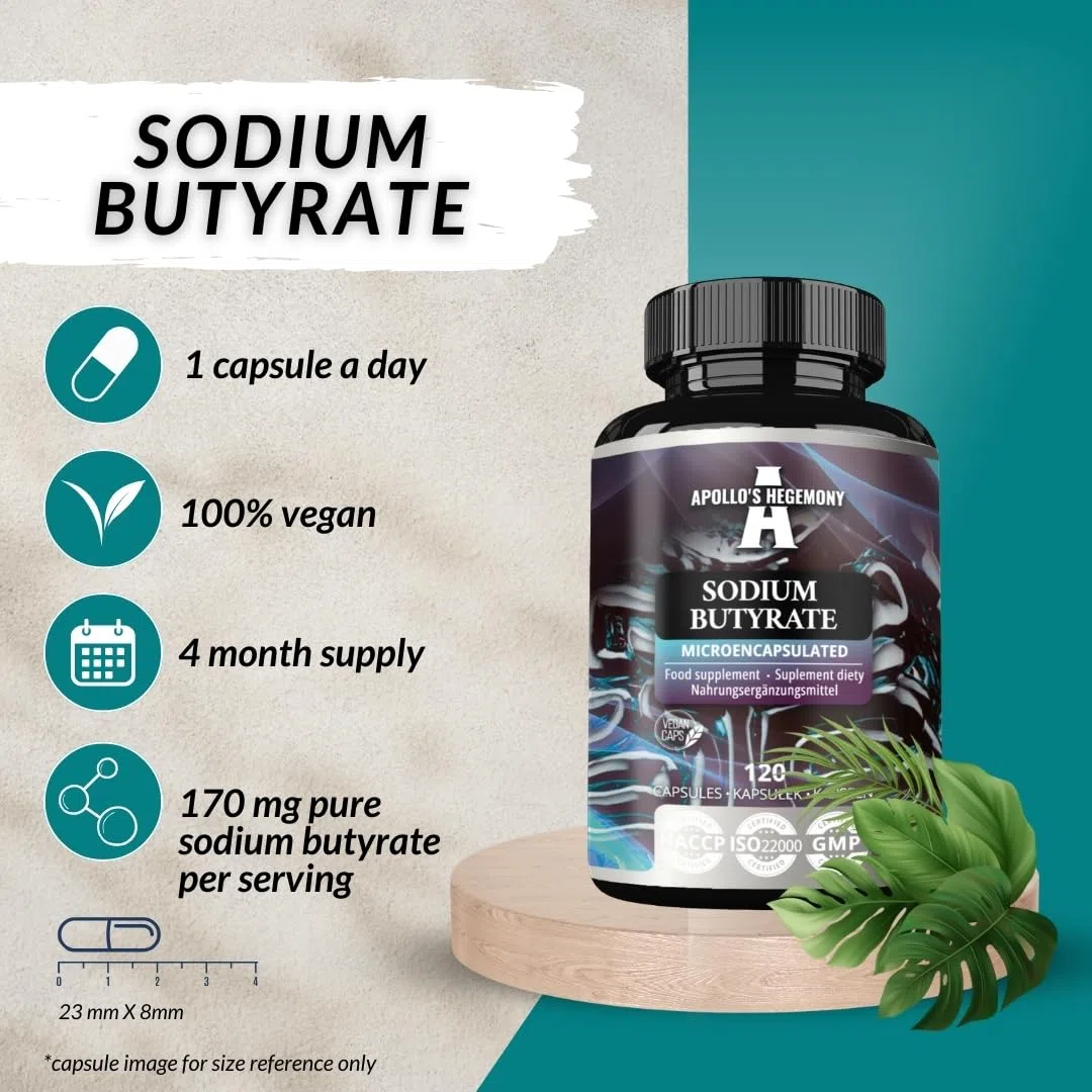 Sodium Butyrate High Dose 580 mg (30% Butyric Acid), 240 Capsules Végétales, 8 Mois, Supplément de Sodium pour Soutenir la Santé de l'Intestin - par Apollo's Hegemony