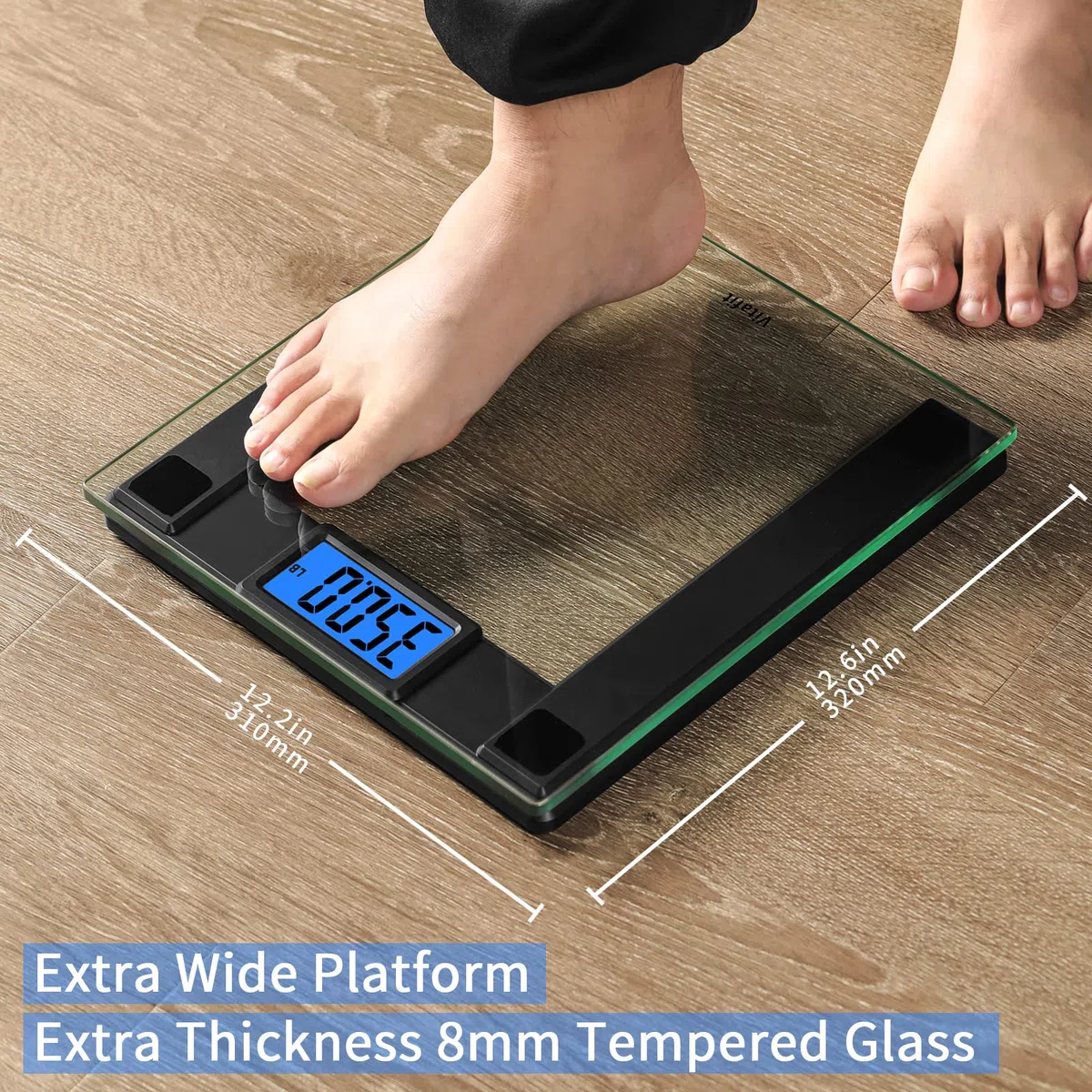 Vitafit 250kg Pèse-personne Électronique avec Poids et BMI , Balance Pese Personnes Connectée Bluetooth, 8mm En Verre Trempé avec Plate-Forme Extra-Large,Noir