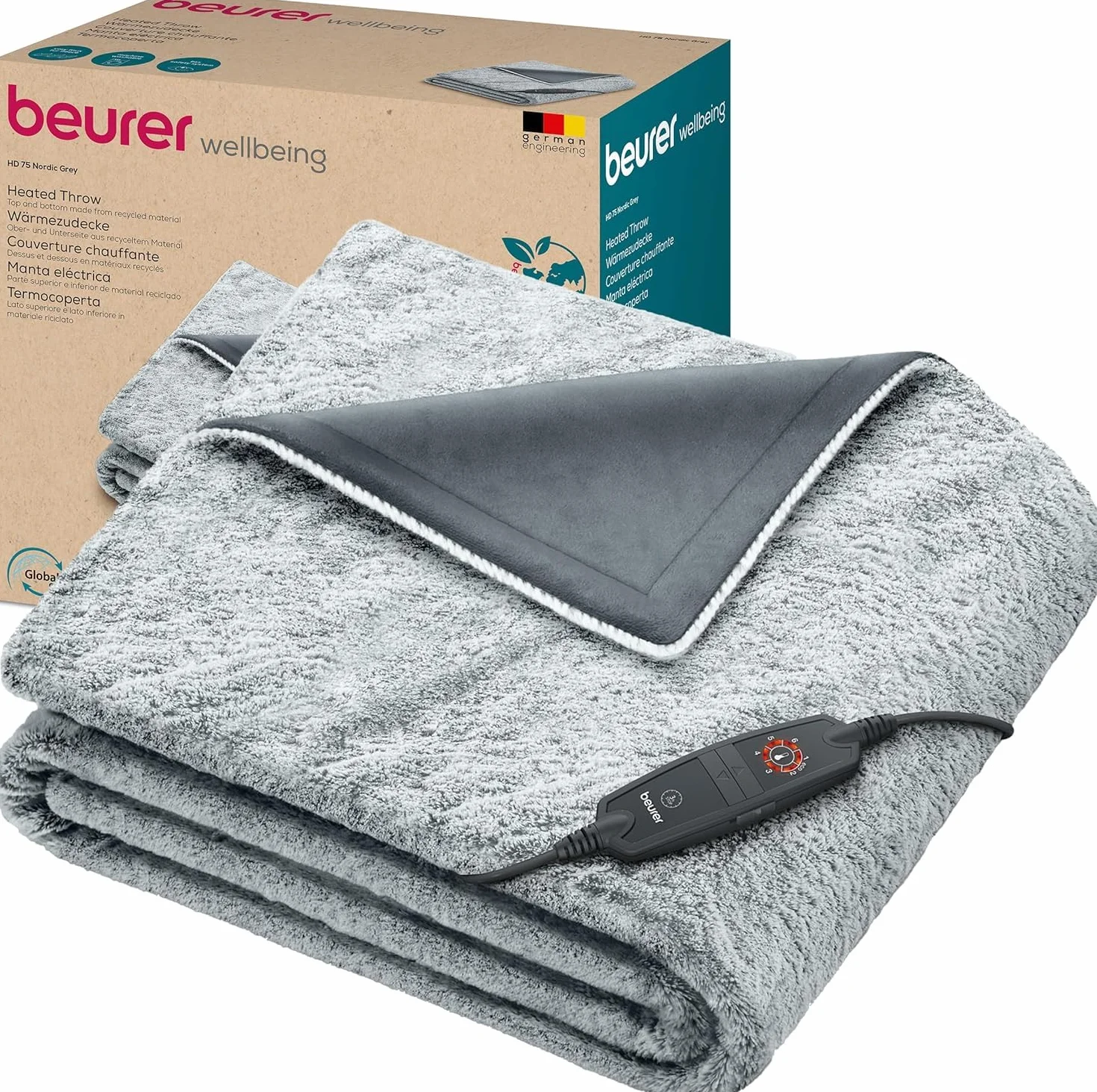 Beurer HD 75 Nordic Grey Couverture chauffante, Face supérieure/inférieure en matériau recyclé, Douce et Moelleuse, 6 Niveaux de température, Lavable en Machine, 180 x 130 cm, Gris