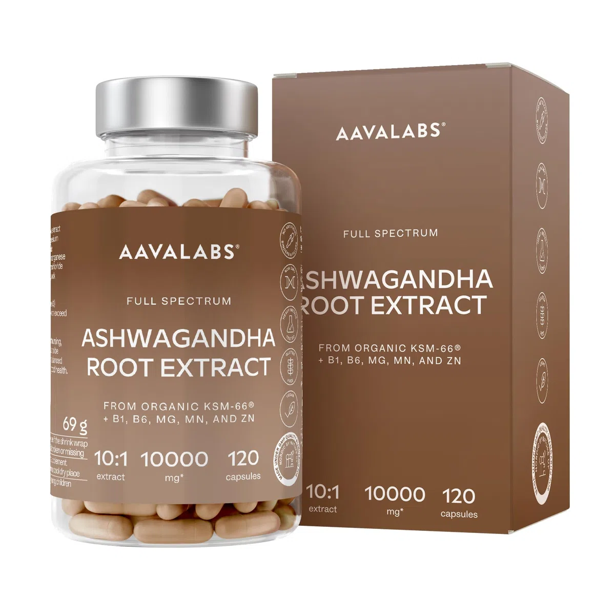 Ashwagandha KSM-66 Bio 10000mg, Vitamine B6, B1, Zinc, Magnesium, Manganese - Extrait de Racine Ashwagandha Bio 10:1, Poivre Noir - Ashwaganda (Ginseng indien) Extra Fort 5% Withanolides - 120 Gélules