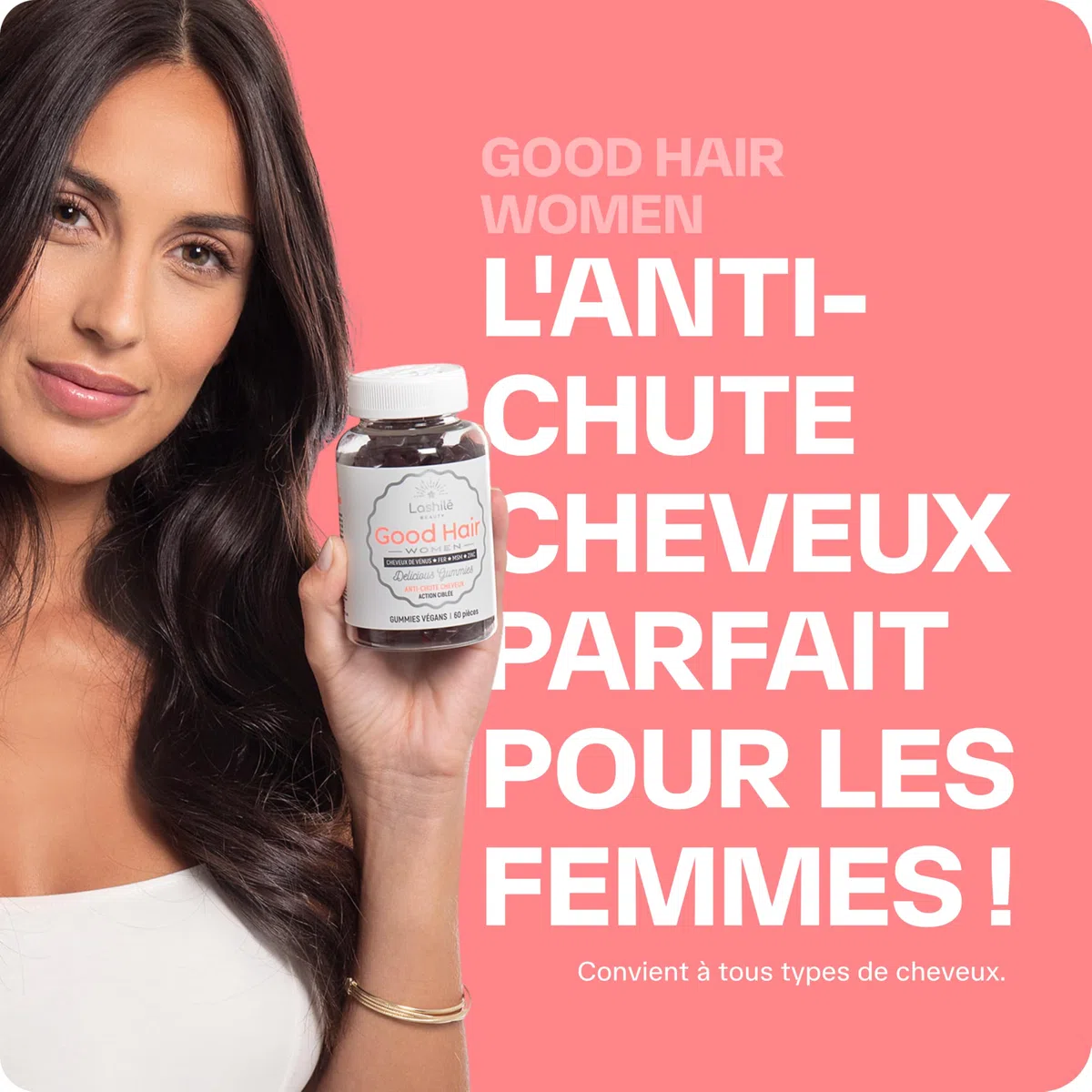 Lashilé Beauty - Gummies Anti-Chute Cheveux - Croissance & Fortification capillaire - Complément Alimentaire Anti-Chute Cheveux - Good hair women - Biotine Zinc Vitamine B6 - Cure 1 Mois 60 Gummies
