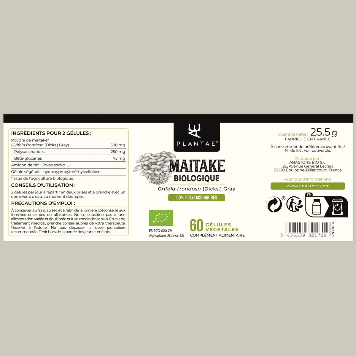 Maitake Bio * Plantae * 60 gélules végétales * Renforce le système immunitaire + Santé cardiovasculaire + Super-aliment *