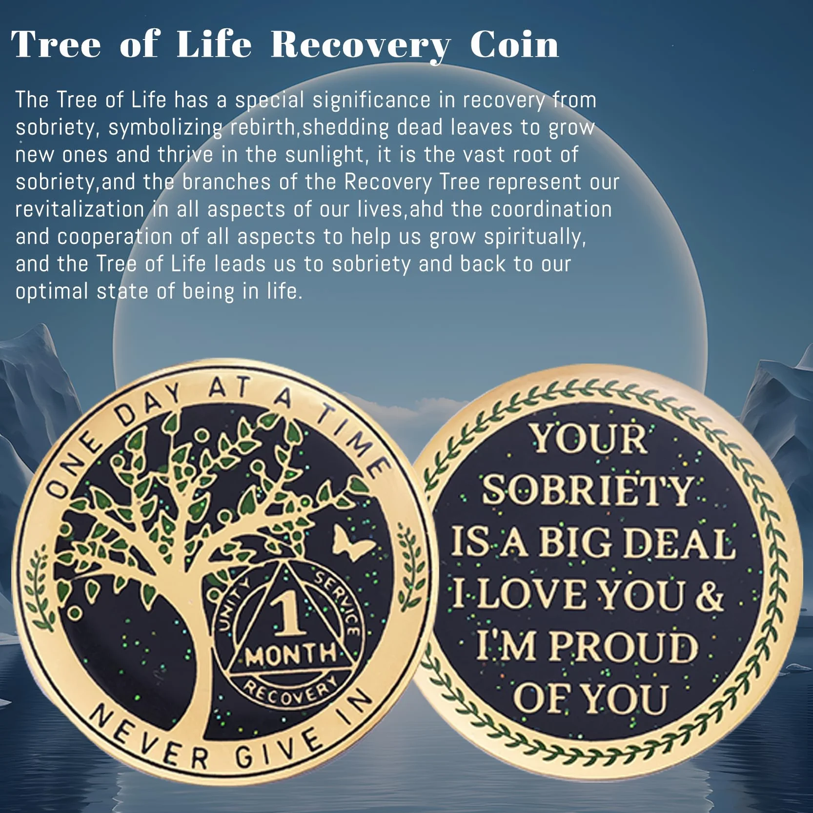 Pièce de monnaie de sobriété d'un mois - Jetons AA et médaillons - Arbre de vie - Jeton de 30 jours - Cadeau d'anniversaire de sobriété pour homme et femme - Cadeaux alcooliques anonymes