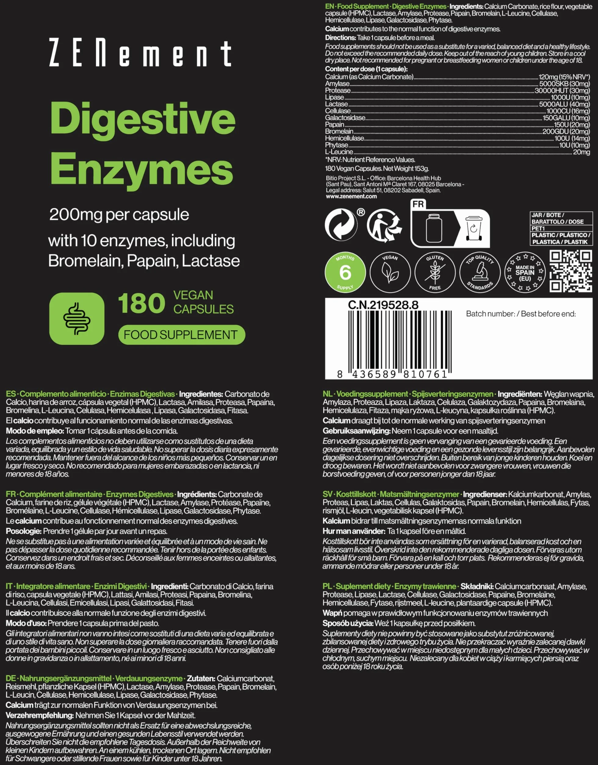 Enzymes Digestives - 10 Enzymes y compris Bromélaïne et Papaïne, Haute Concentration - 200mg par Gélule - 180 Gélules Véganes - Adapté à Tous Types de Régime - Sans Additifs, Sans Gluten