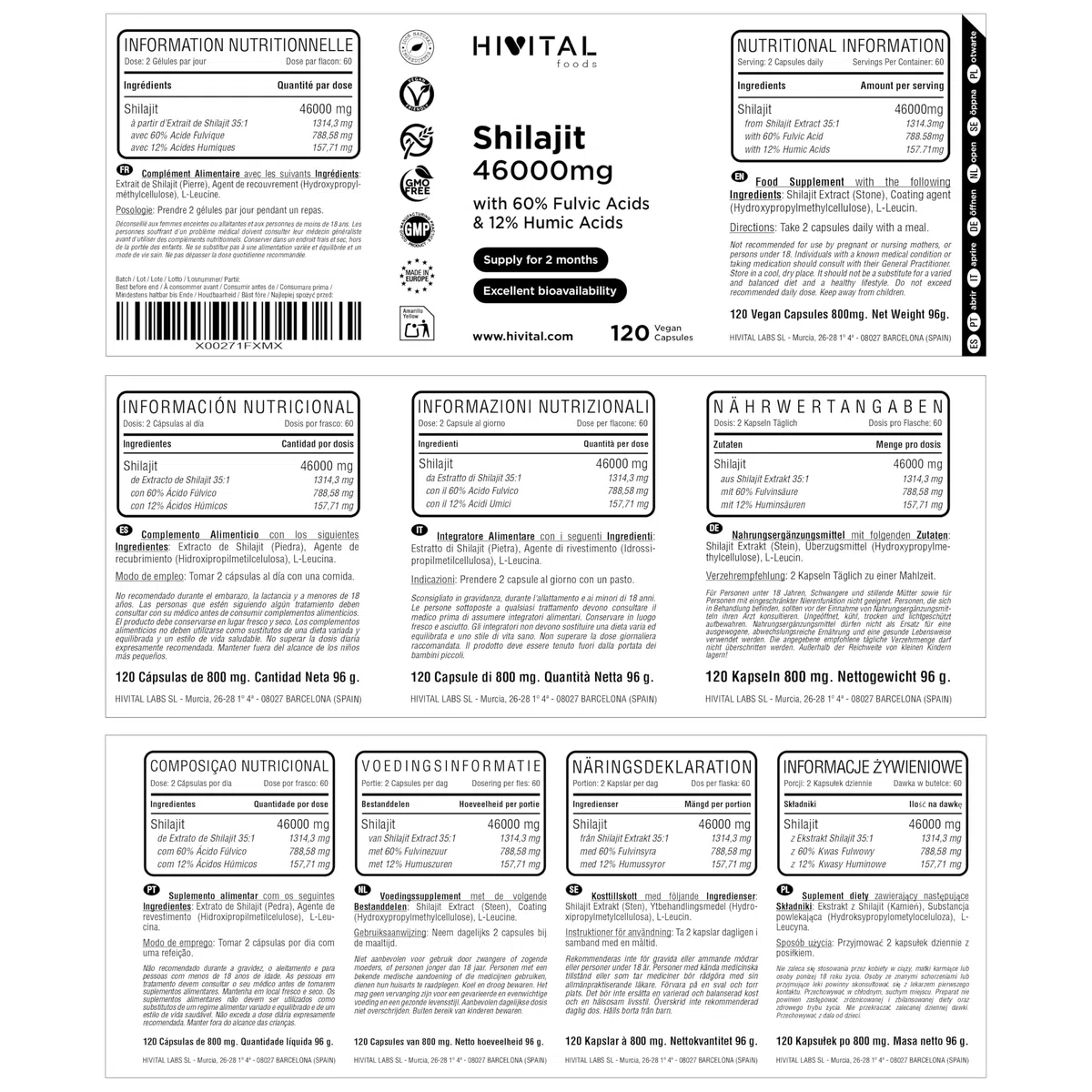 Shilajit Pure 46000 mg. 120 gélules végétaliennes pour 2 mois de traitement. 60% d'Acides Fulviques et 12% d'Acides Humiques. Riche en Minéraux et Oligo-éléments. Fabriqué en Europe par HIVITAL