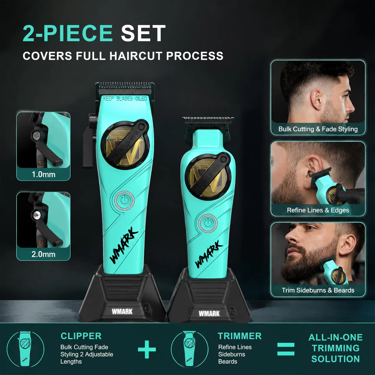 WMARK Kit de coupe professionnel 2 pièces pour barbier : tondeuse haute vitesse (7500/8500 tr/min) et tondeuse de précision (6500/7500 tr/min), lames en céramique, batteries rechargeables aux ions de