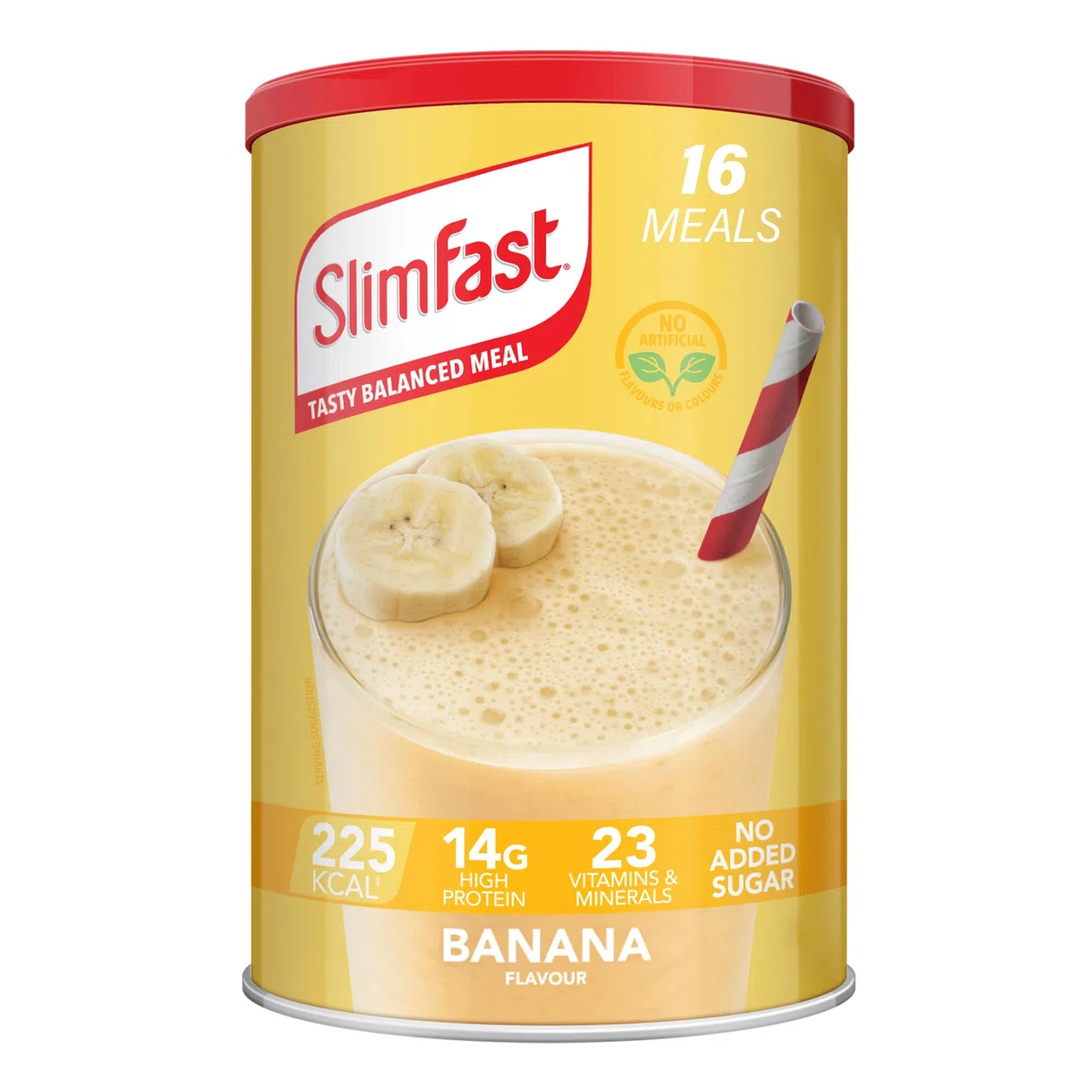 SlimFast Substitut de repas pour perte de poids et alimentation équilibrée, vitamines et minéraux, faible teneur en calories, riche en protéines, saveur banane, 16 portions, 584 g, l'emballage peut