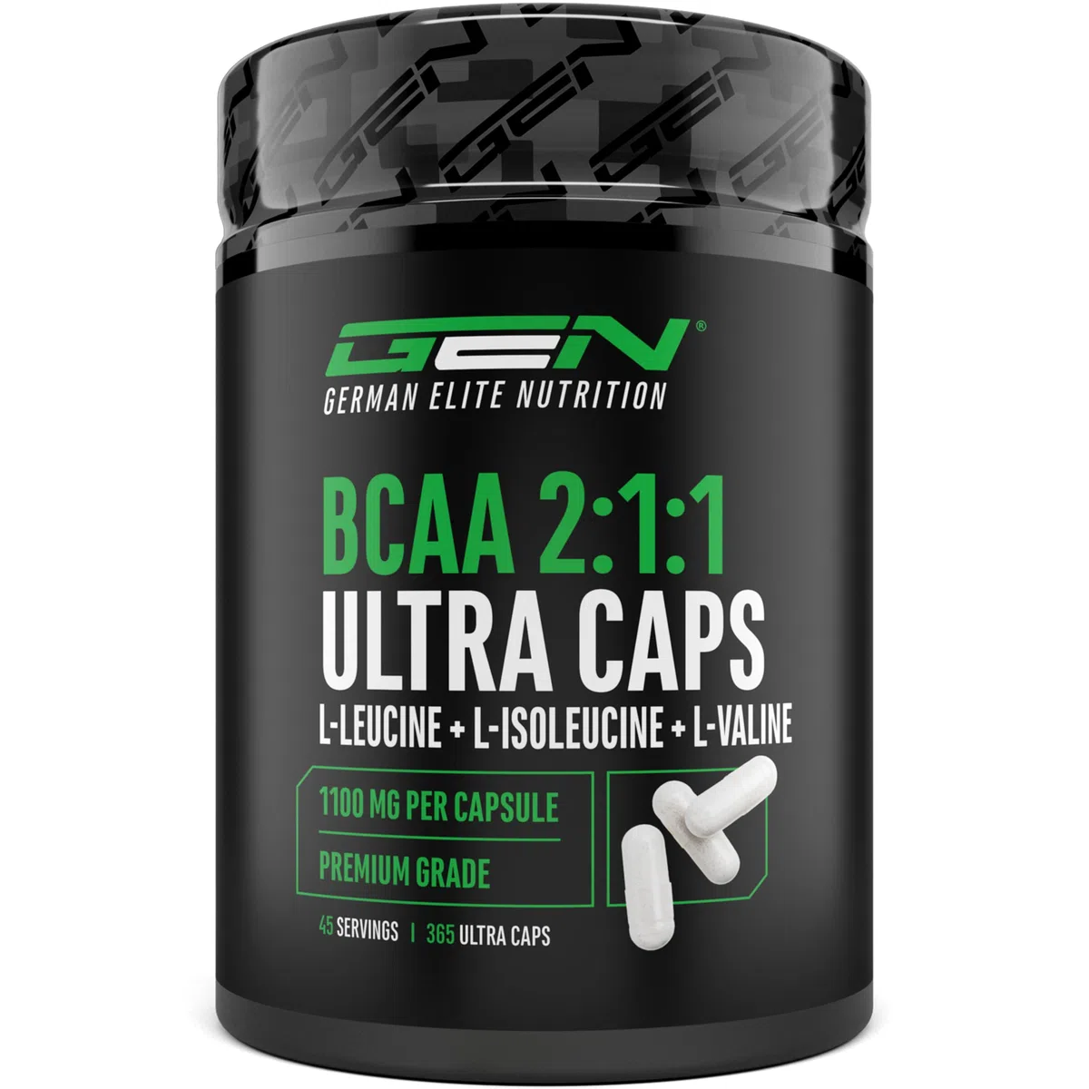 BCAA Ultra Caps - 365 gélules avec un dosage élevé de 1100 mg par gélule - Rapport optimal 2:1:1 - Leucine, L-Isoleucine, L-Valine - Acides aminés essentiels à chaîne ramifiée