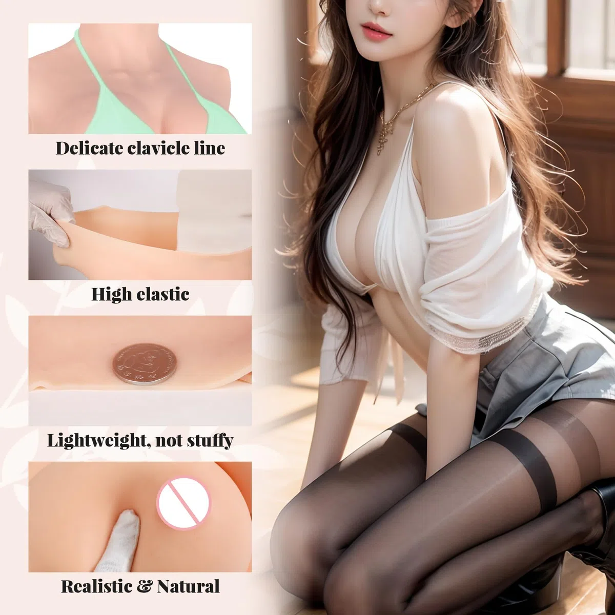 Minaky Faux Seins Silicone 5-Points Bodysuit Silicone Panty Crossdresser Leotard Slips d'homme pour Crossdresser et cosplay transgenre, (C Cup,Jaune)