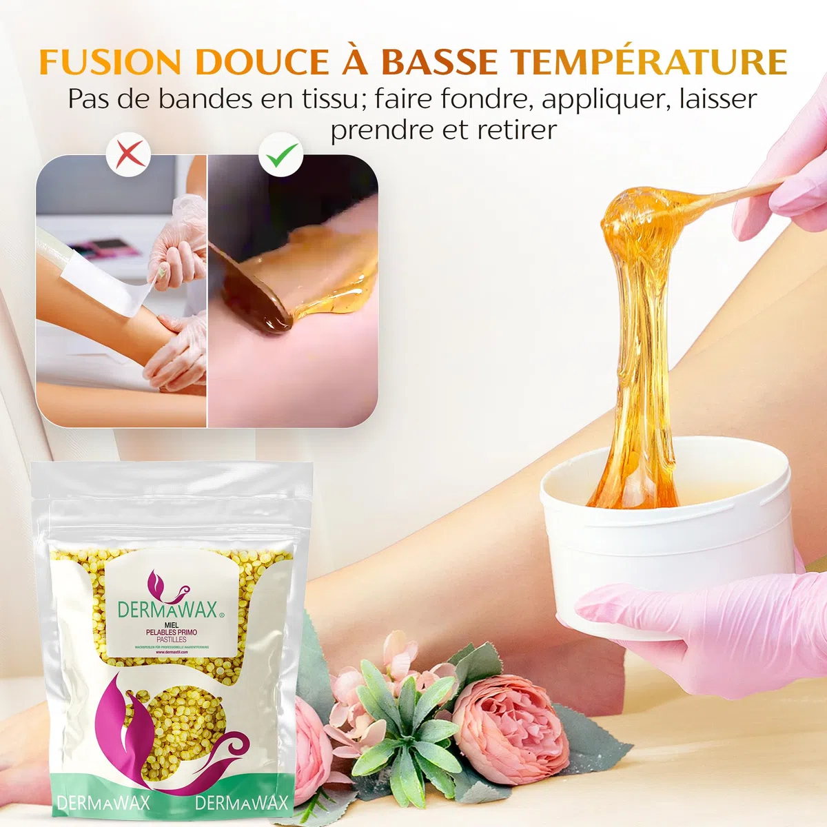 DERMAWAX Perles de Cire au Miel 1 kg - Cire Pelable, Épilation Sans Bande | Cire chaude professionnelle au miel et à la cire d’abeille, sans parfum ajouté - visage, corps et maillot, sans bandes