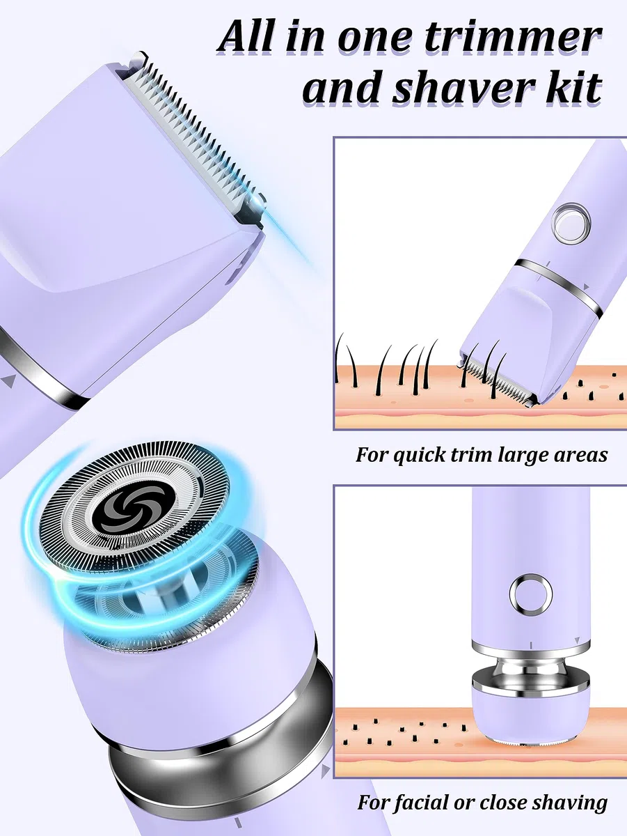Cayzor Rasoir Electrique Femme – Tondeuse électrique 2 en 1 pour bikini humide/sec, sans fil, étanche, rasoir pour le visage, le haut, les lèvres, le menton, les aisselles, les jambes (violet)