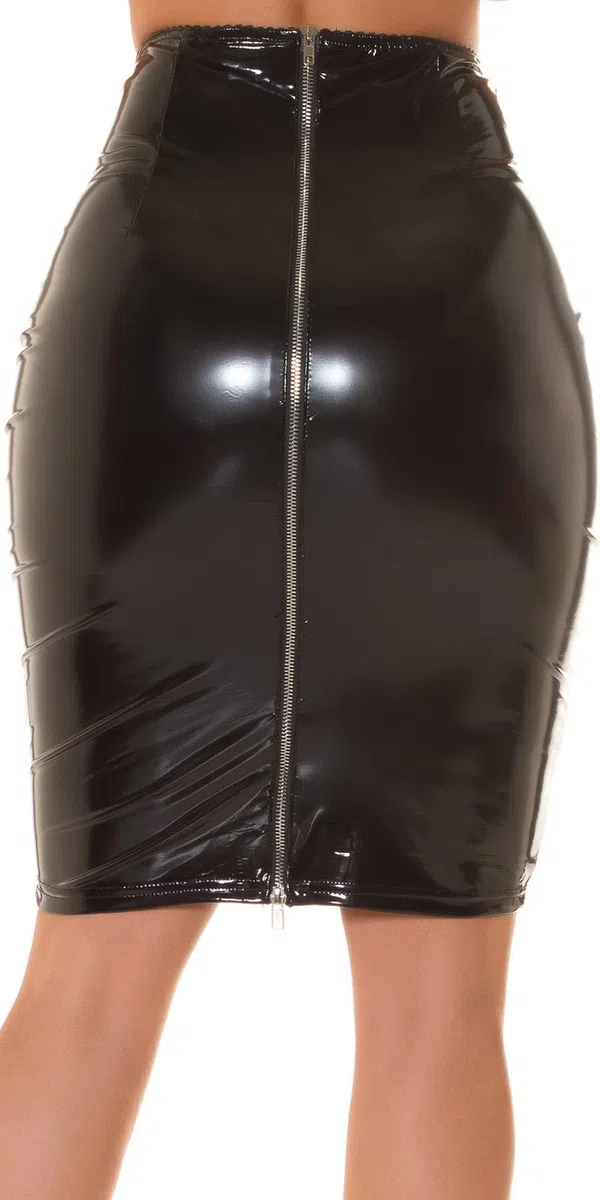 Jupe midi aspect latex brillant taille haute crayon fermeture éclair