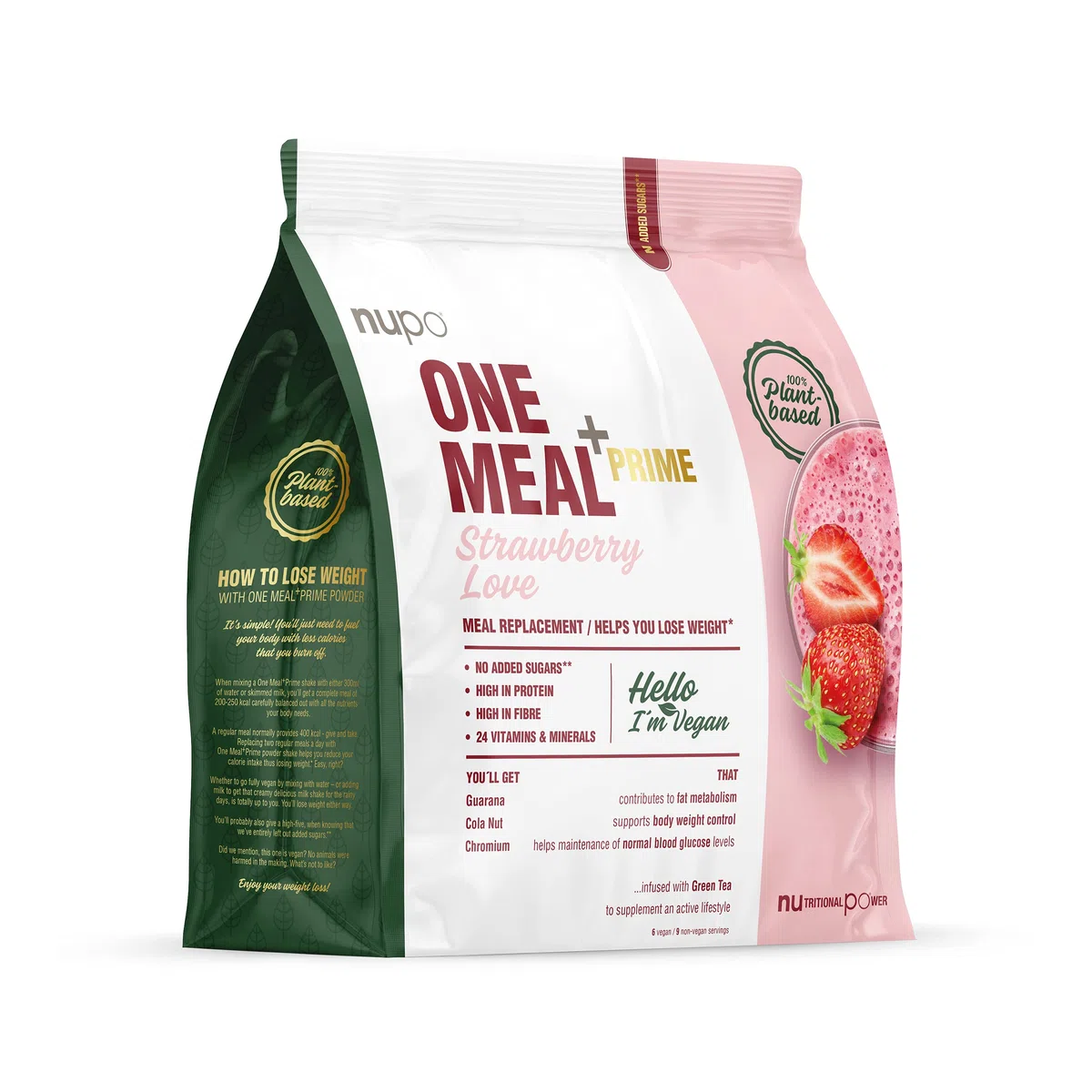 NUPO One Meal +Prime Vegan Shake – Fraise I Shakes de remplacement de repas savoureux pour un régime équilibré I Riche en protéines I Sans sucres ajoutés I 24 vitamines et minéraux I 360g