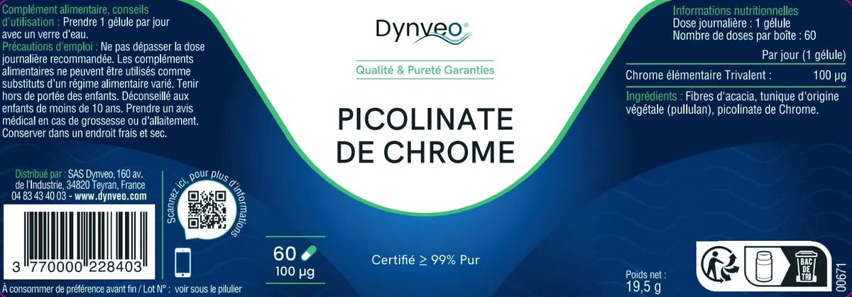 Picolinate de Chrome Pur 100 µg - Glycémie & Métabolisme Normal - Pureté >99% USP & EP 7.0 - Biodisponibilité ×3 Supérieure - 60 Gélules (1 Gélule/Jour = 2 mois) - Dynveo