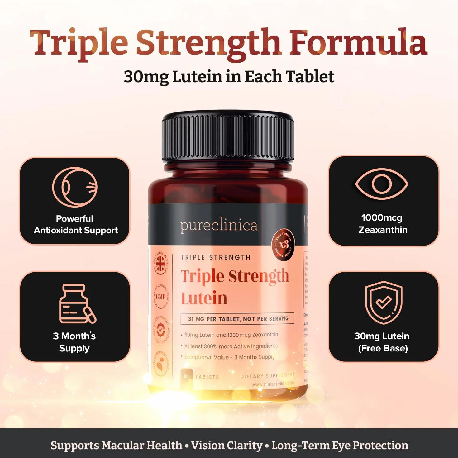 Triple Force Lutéine 30 mg x 90 comprimés. Avec 1000 mcg de Zéaxanthine - Fourniture de 3 mois.