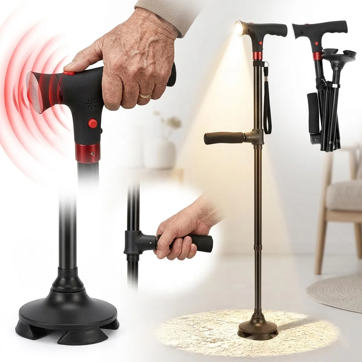 Astuvita Canne de Soutien avec Éclairage LED et Alarme de Sécurité - Canne de Marche Ergonomique et Lumineuse - Poignée Astuvita Confort - Aide à la Mobilité pour Senior - Pliable et Stable