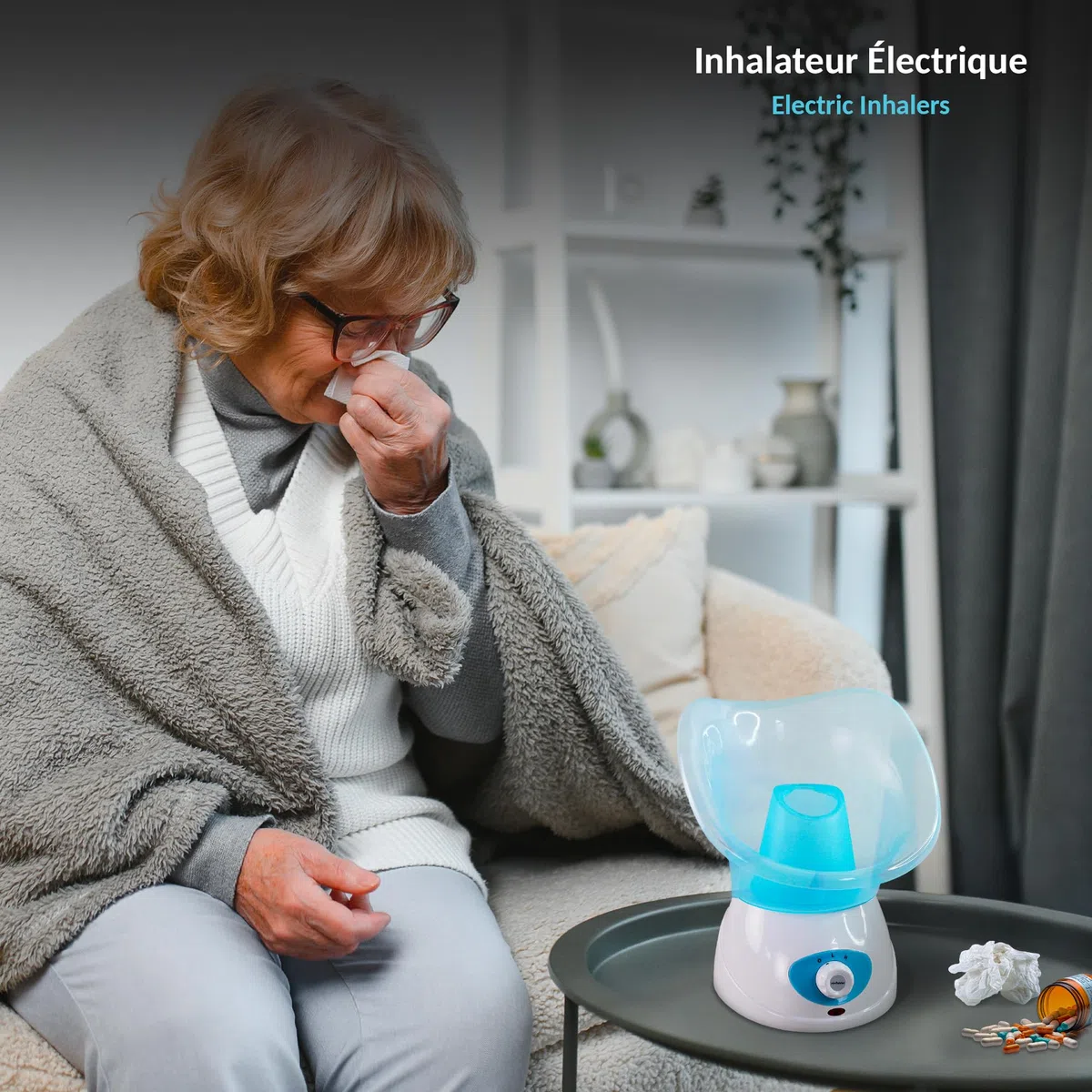 FISHTEC - Inhalateur Vapeur Électrique - 2 Embouts (Facial & Nasal) - Diffusion Vapeur Chaude - Réservoir avec Arrêt Auto - Compatible Huiles Essentielles - Rhume, Sinus, Toux, Hiver
