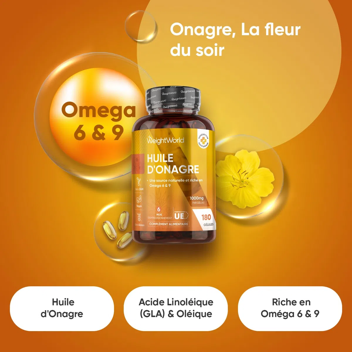 Huile d'Onagre Pressée à Froid 1000mg - 180 Gélules Vegan Multi Usages pour 6 Mois - Riche en Oméga 6, Omega 9 avec Acide Linoléique, Oléique & Gamma-Linolénique, sans OGM, sans Gluten