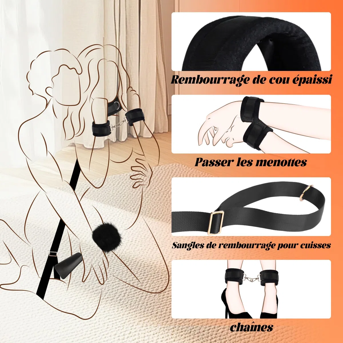 Sex Toýs Femme Couple Kits de Bondage Menottes Sex Lit BDSM Jeux Sexuelle Adulte Couple,Sex Toys Ensemble de Contention de Lit avec Menottes du Cou aux Cuisses/Chevilles, Sangles de Jambe Réglables
