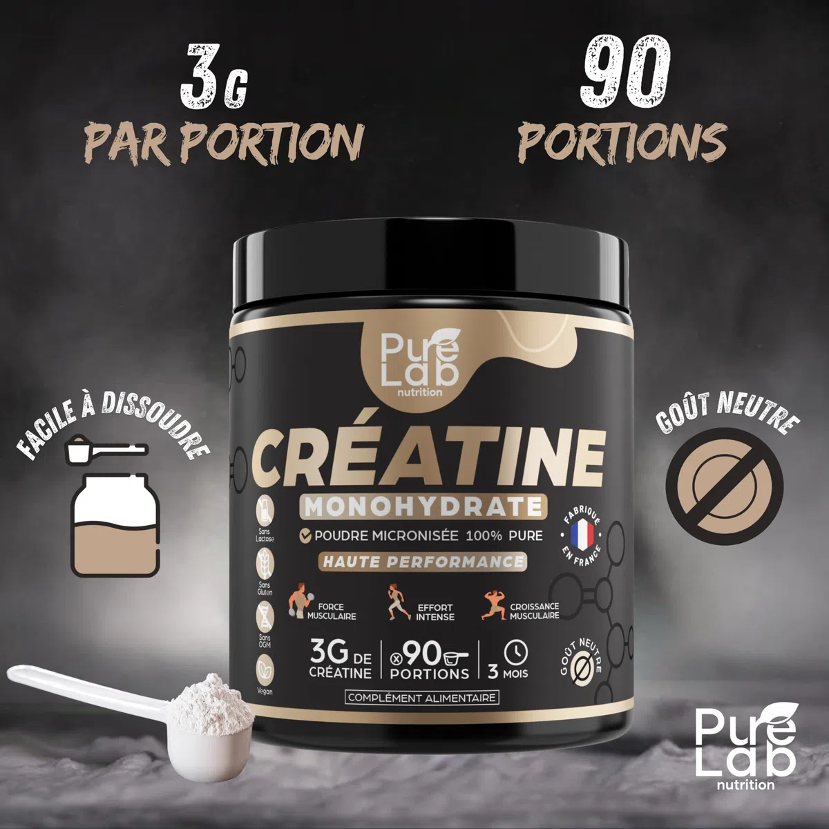 Créatine monohydrate poudre 100% pure de qualité micronisée - 90 portions - Haute Absorption - Performance, Force, Masse Musculaire et Efforts Intenses - 100% vegan